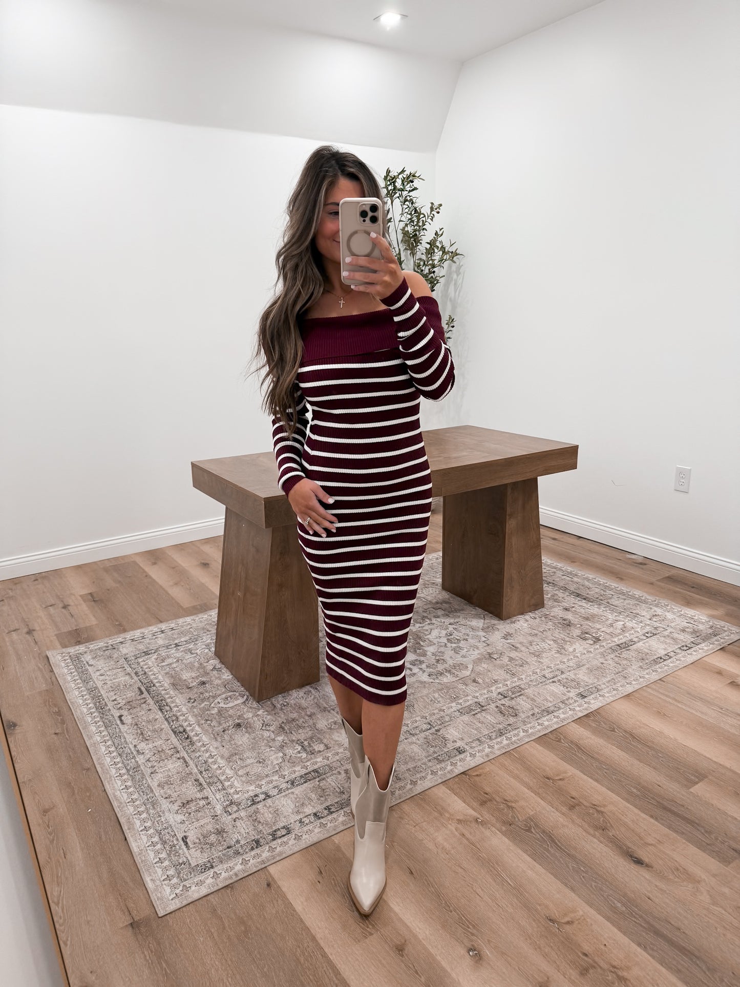 Slim-fit Off Shoulder Stripe Dress- Burgundy
