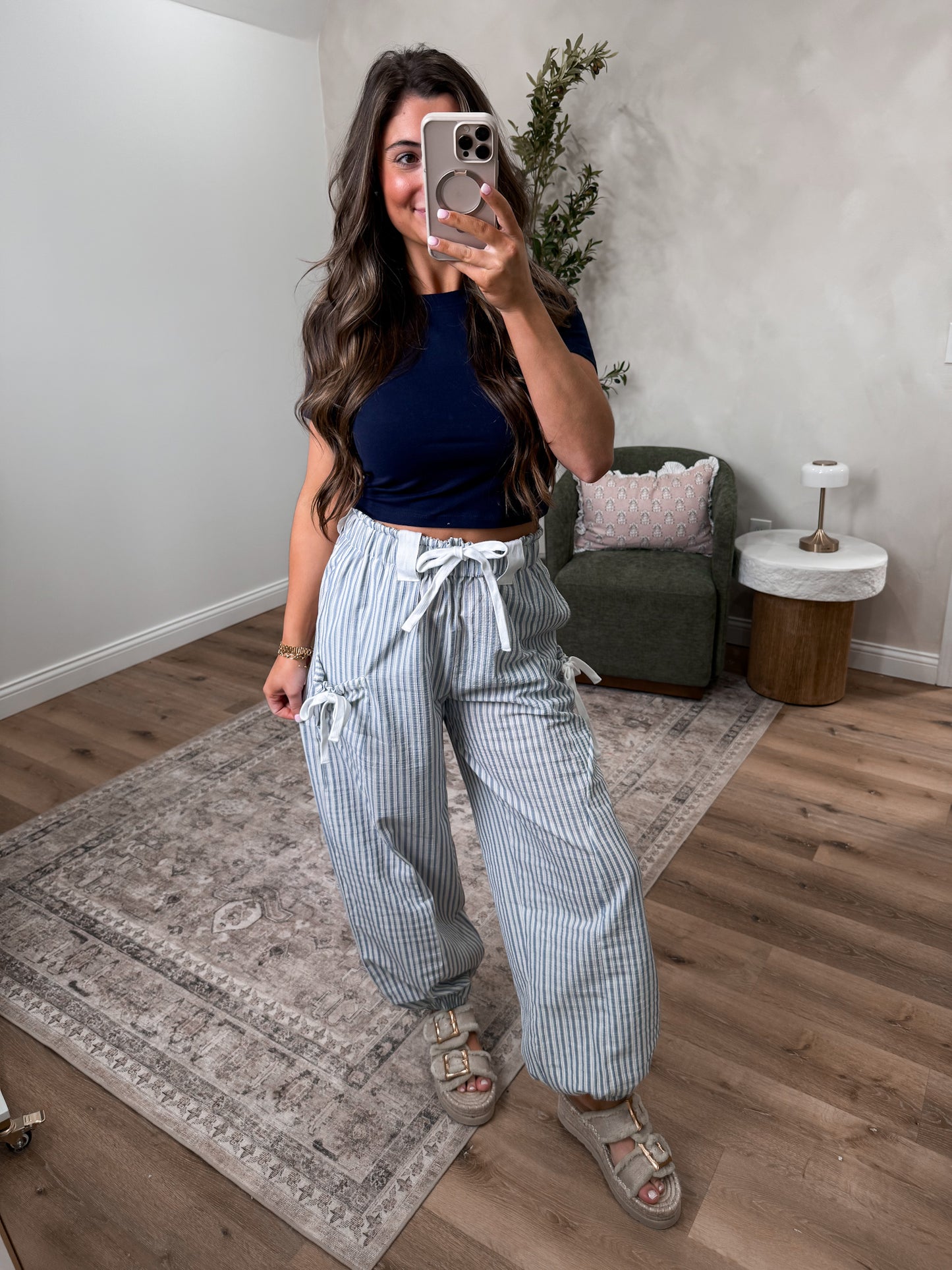 Baylynn Bow Detail Striped Pants - blue/denim