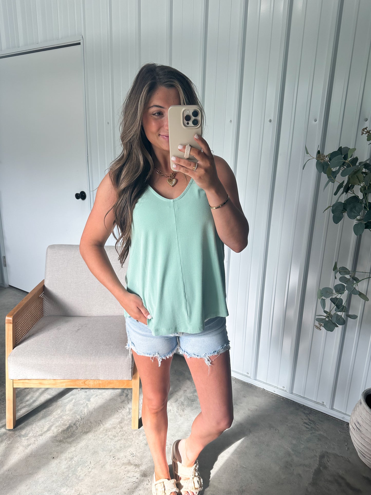 Ribbed Rayon Flowy Vneck Tank- 3 colors