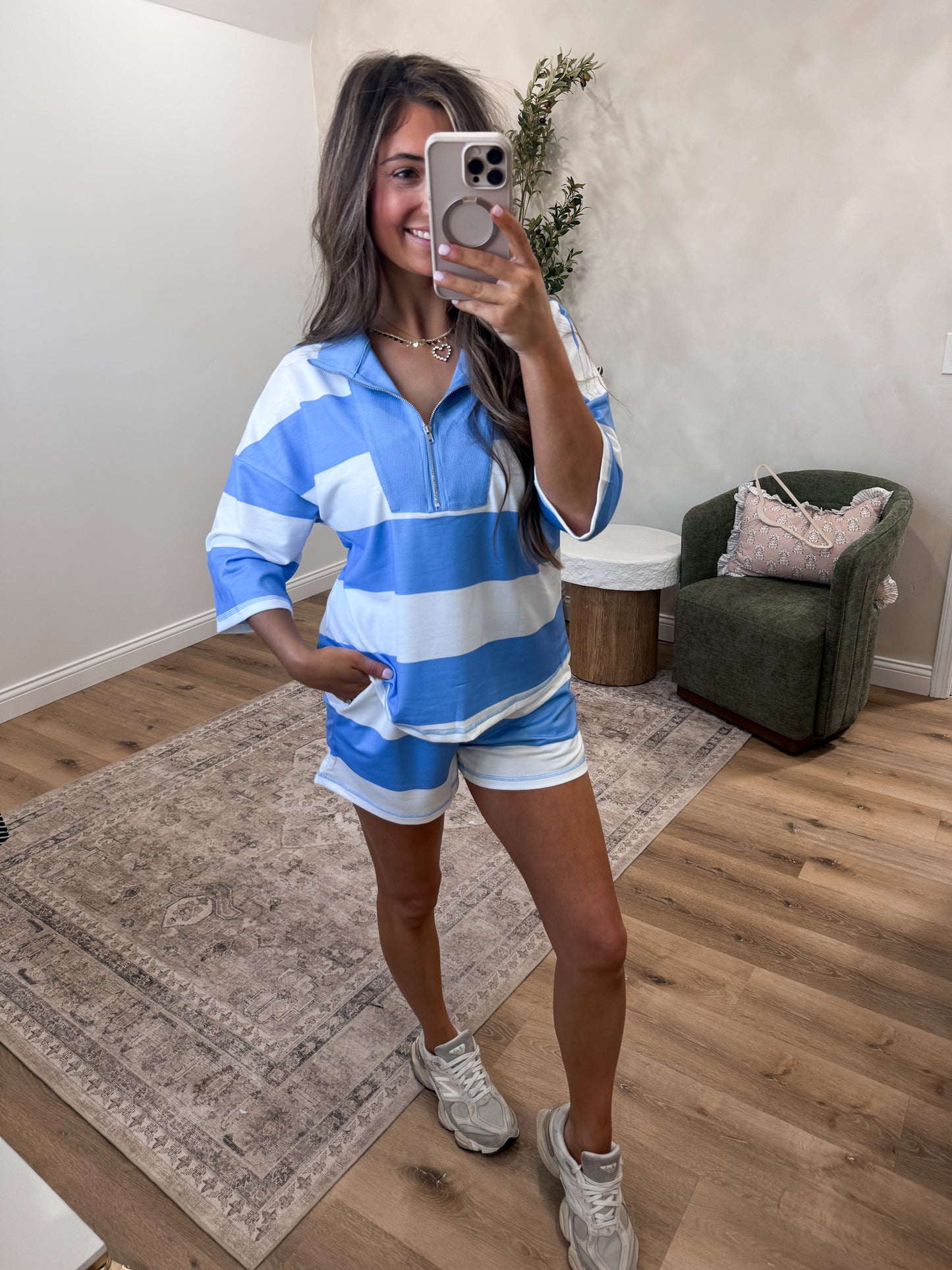 Tropical Spritz Striped Half Zip Set - blue/white