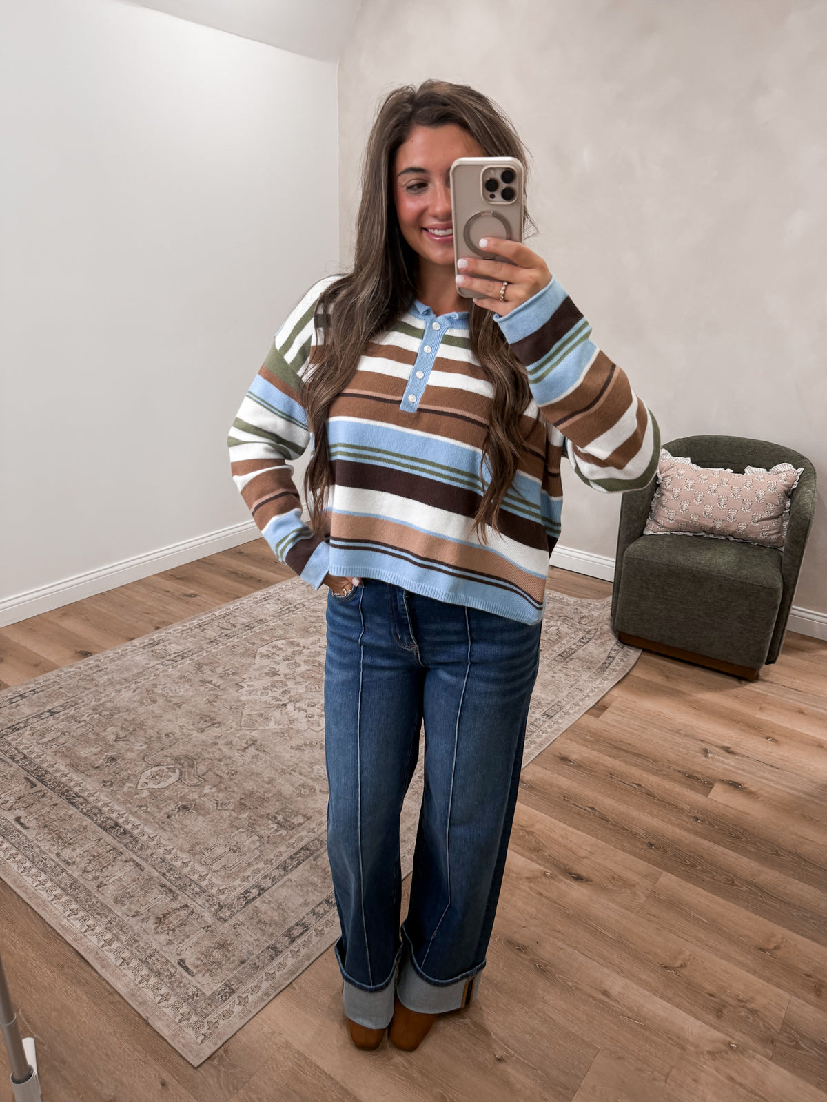 Sunday Market Striped Henley Knit Sweater - blue/brown
