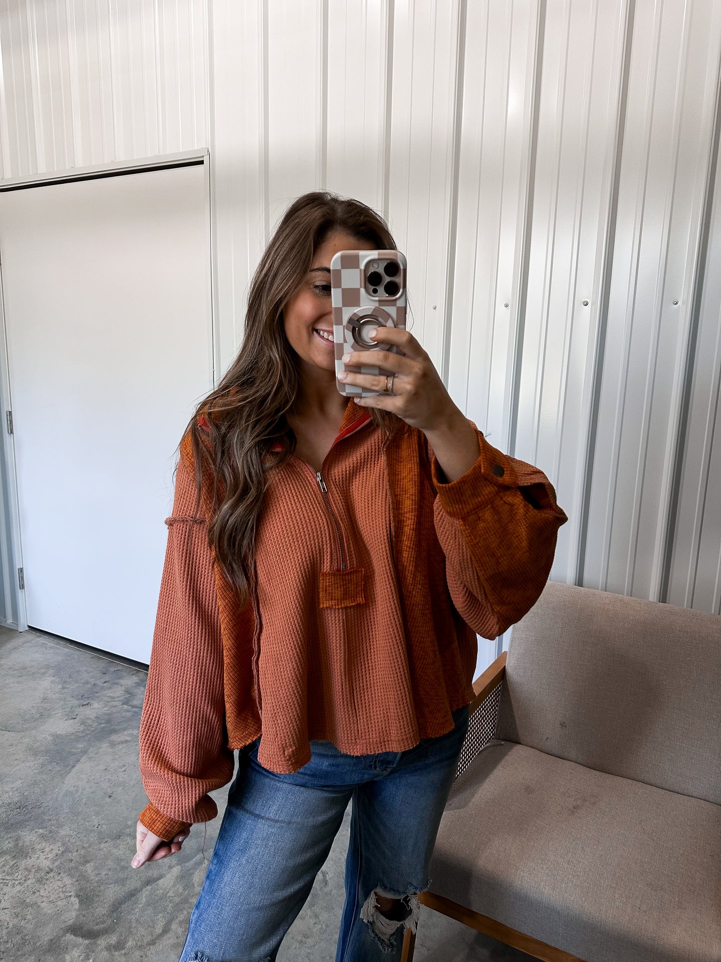 Hadley High Neck Half Zip Hoodie- Red Brick