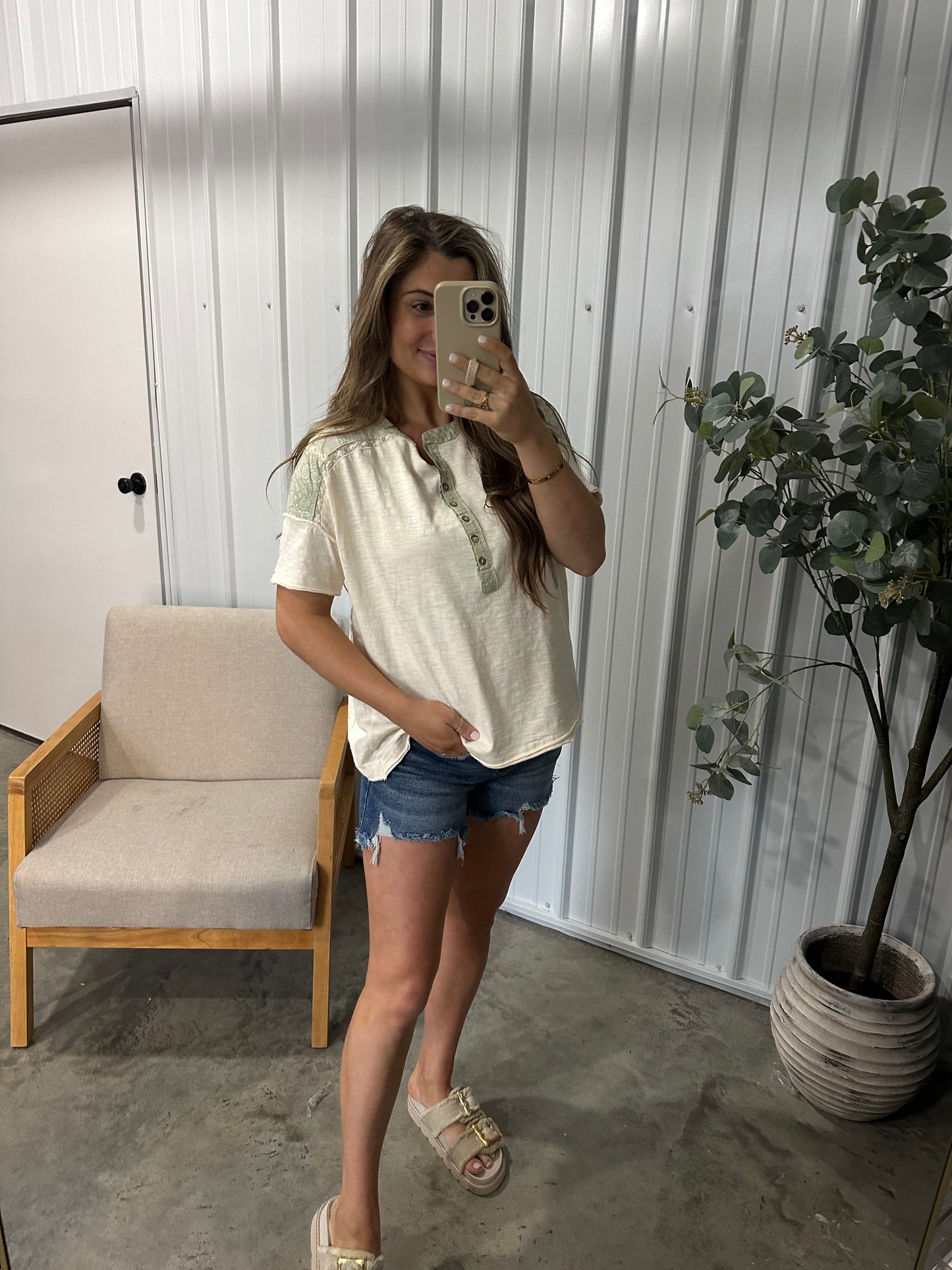 Annie Contrast Henley- Green Tea