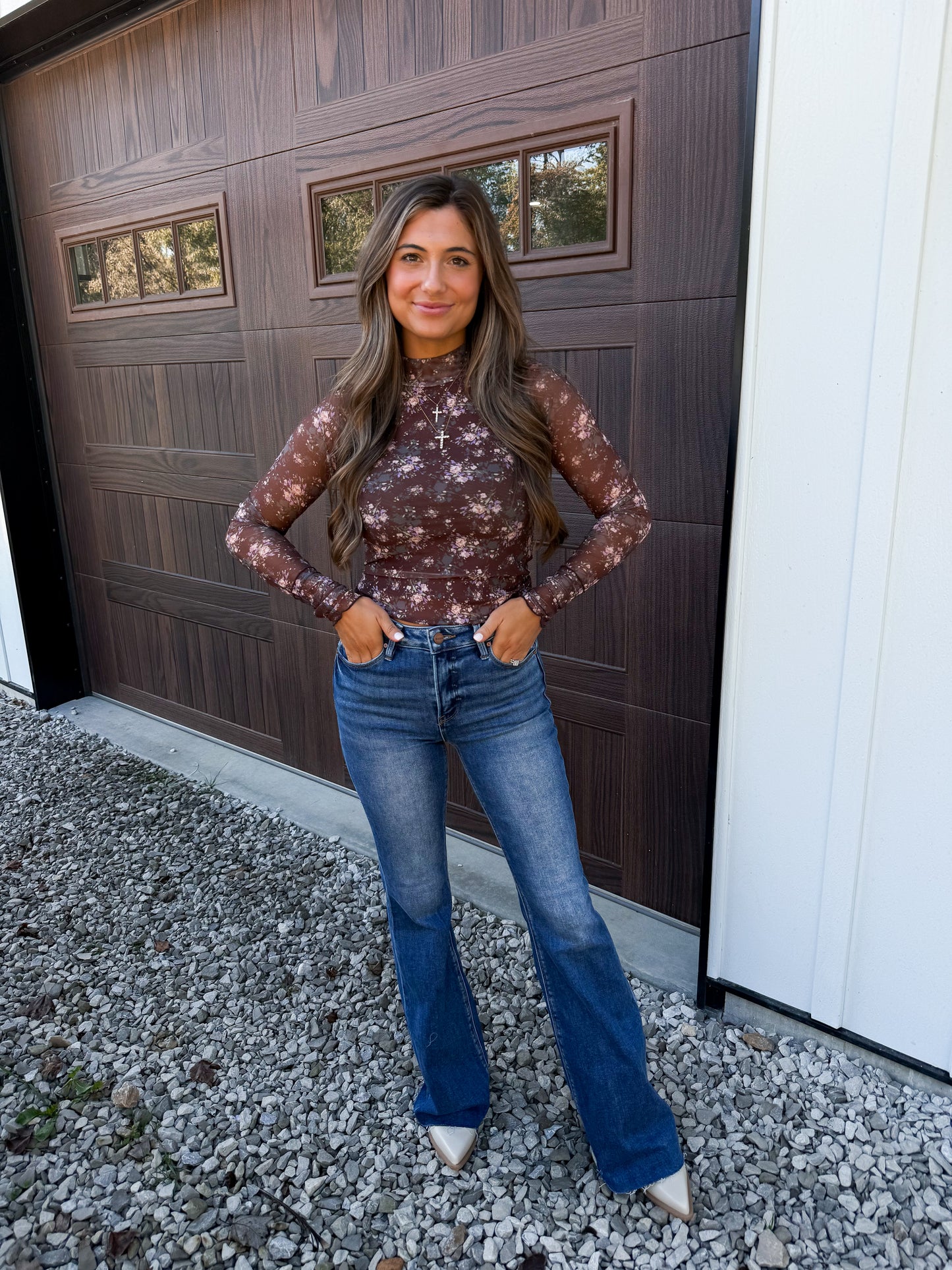 Tiffany Floral Mesh Top - Chocolate
