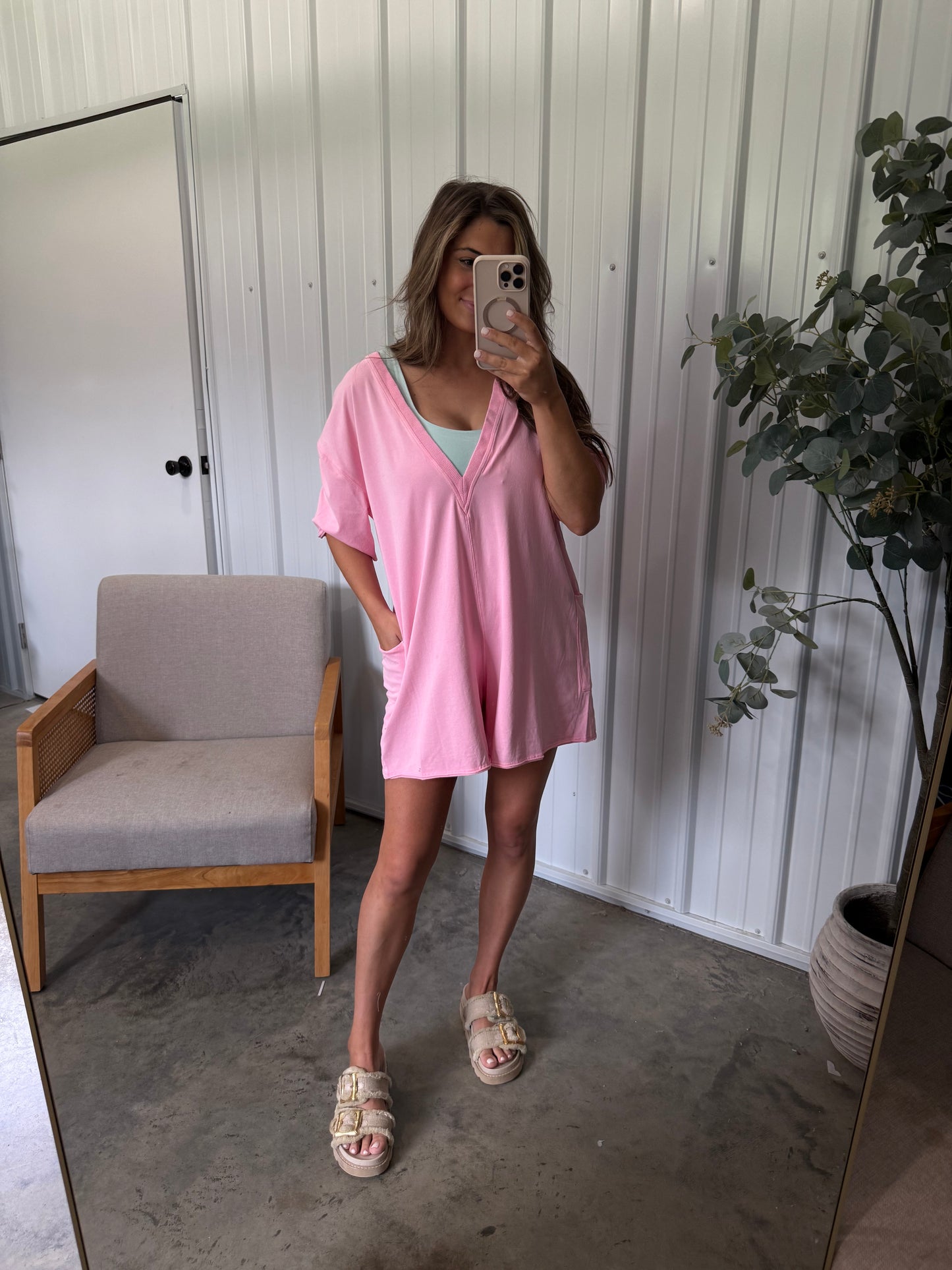 Open Back Washed Romper- Light Pink