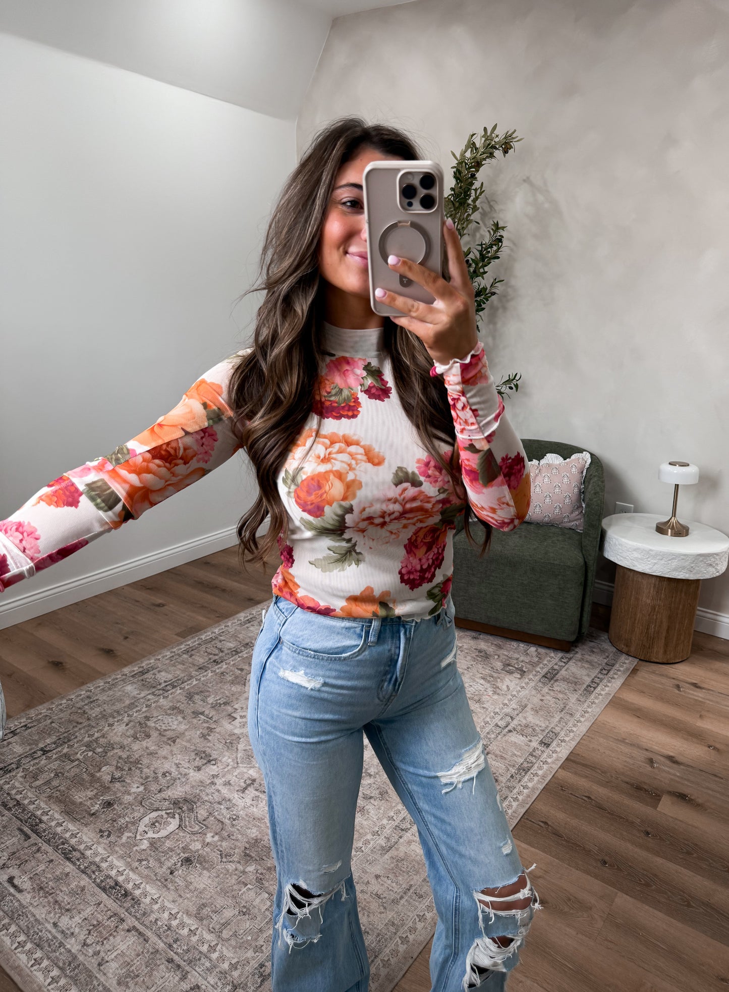 Tiffany Floral Mesh Top - pink/cream