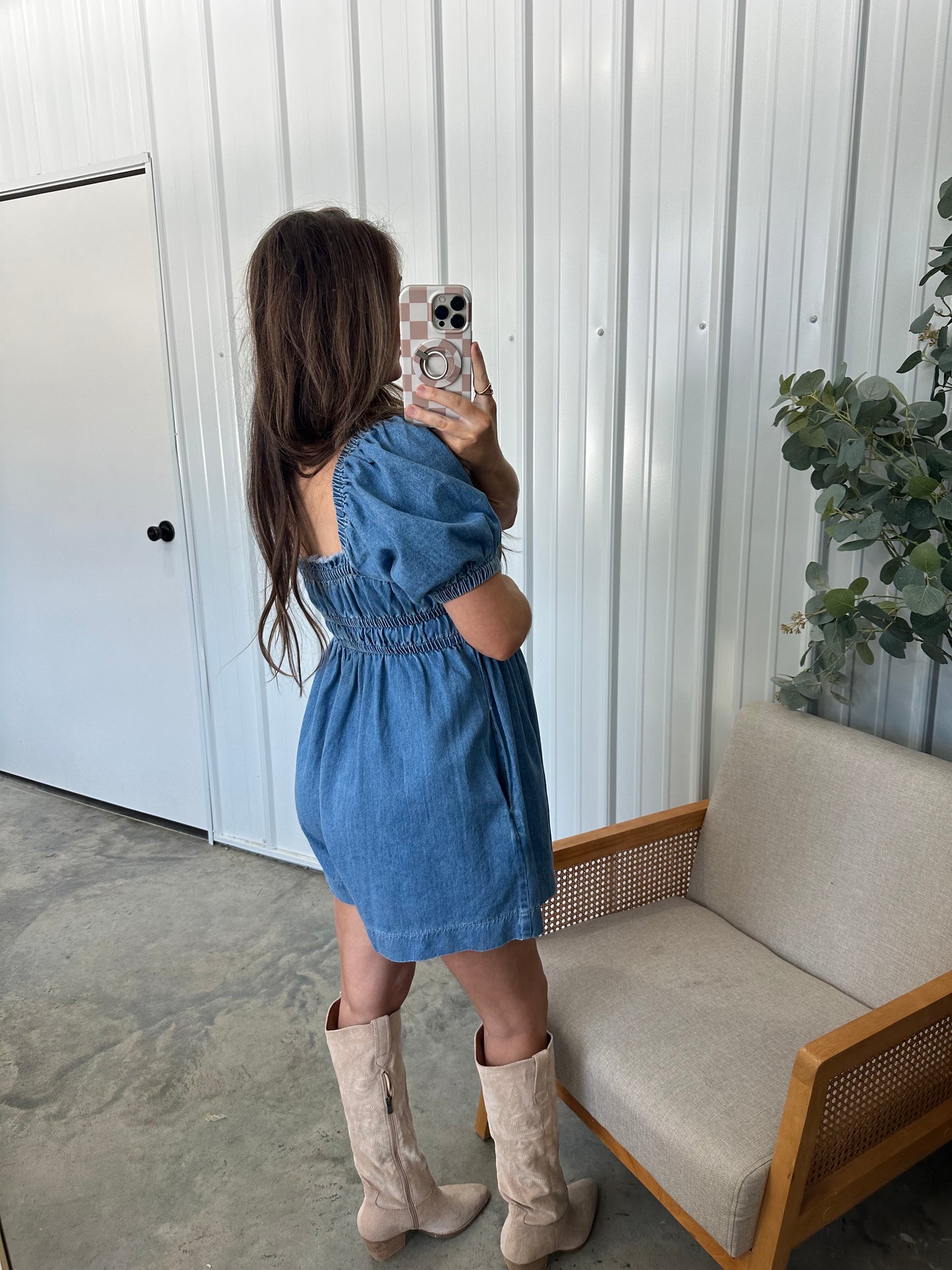 Washed Denim Pleated Detail Puff Sleeve Romper