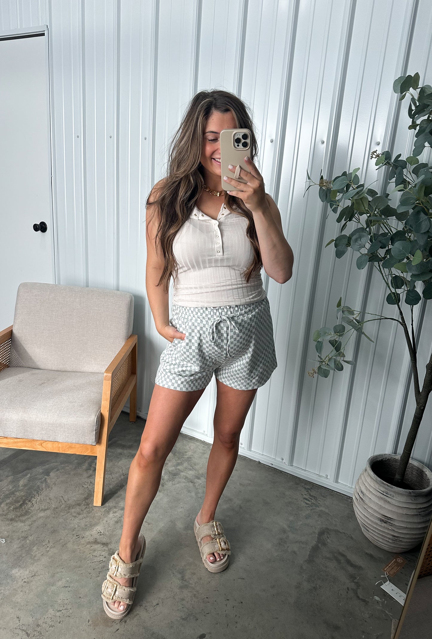 Chantel Checkered Knit Shorts- Grey