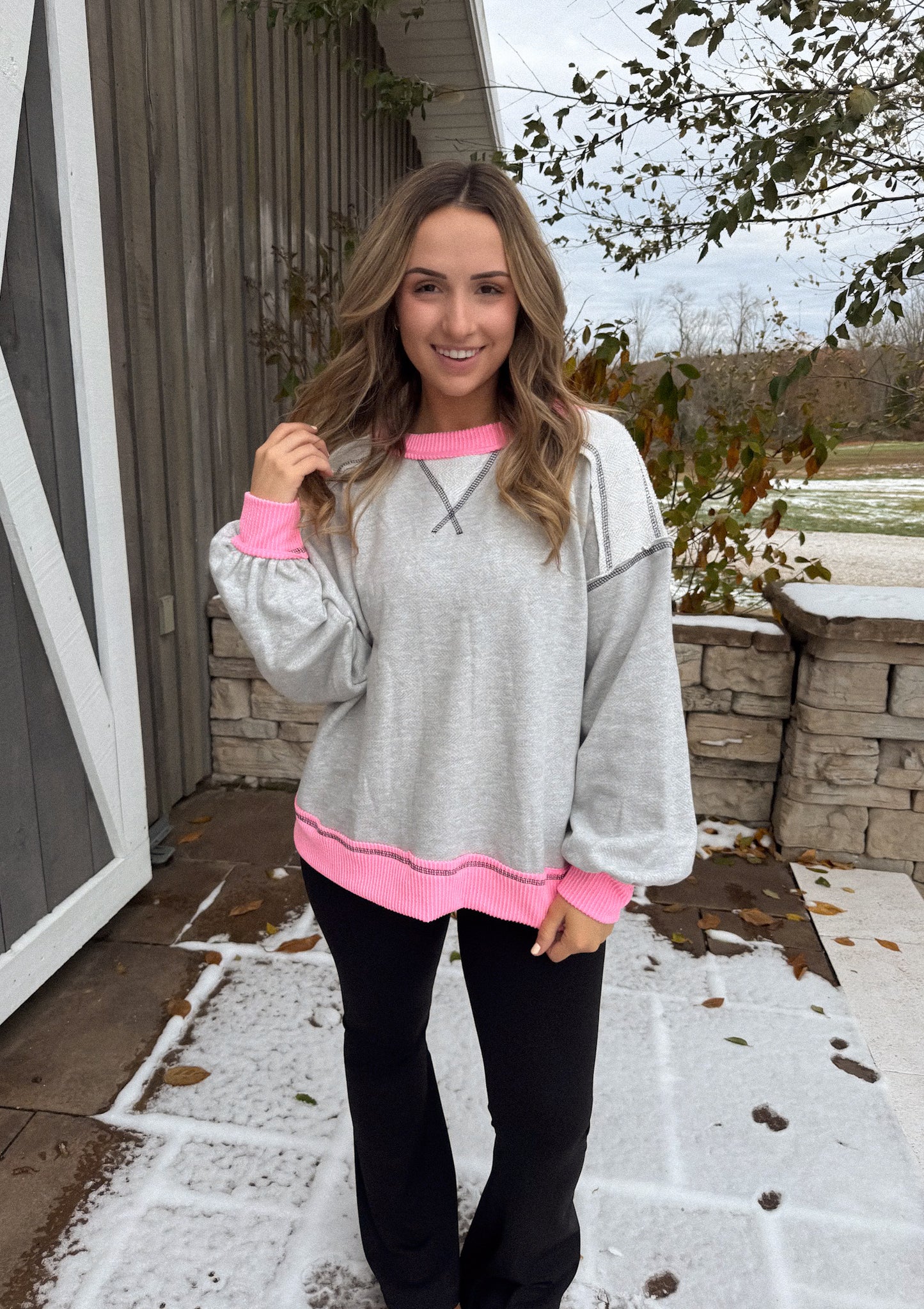 Contrast Reverse Stitched Pullover- Pink/Grey