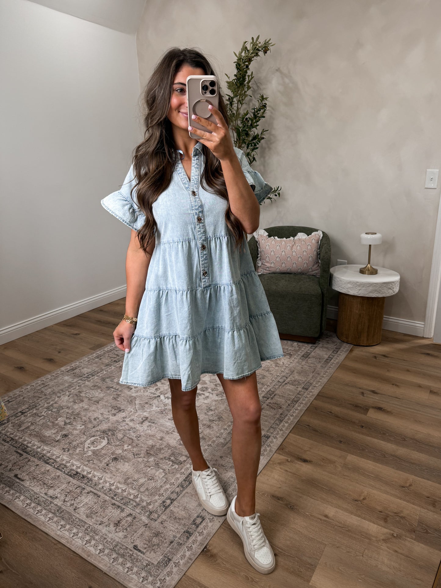 Calista Mineral Washed Chambray Mini Dress - light indigo
