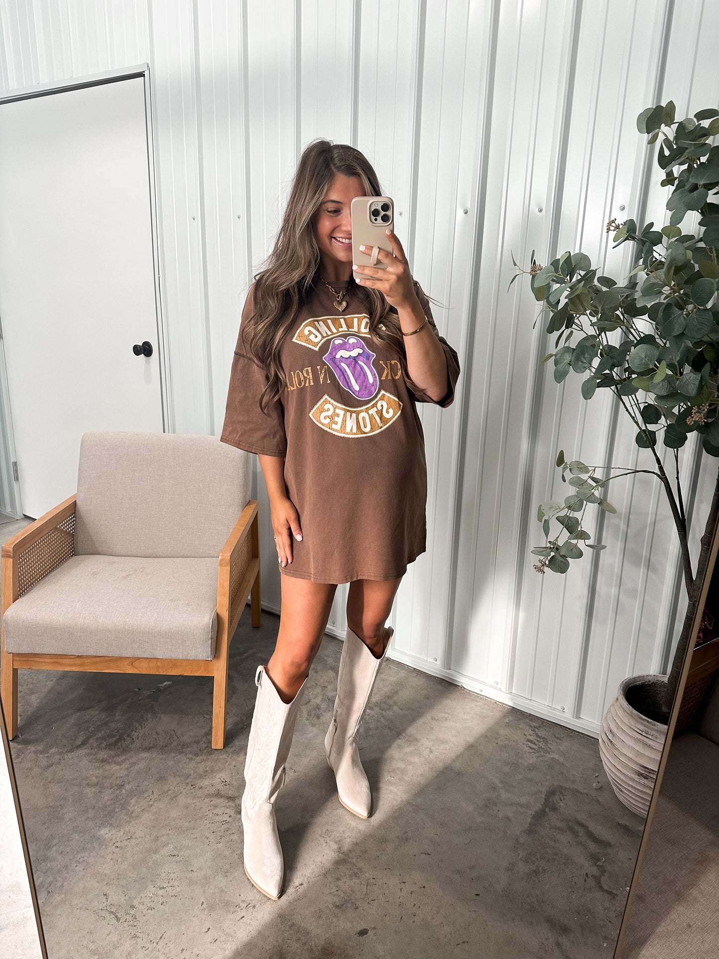 Licensed Rolling Stones Graphic Print Dress- Brown