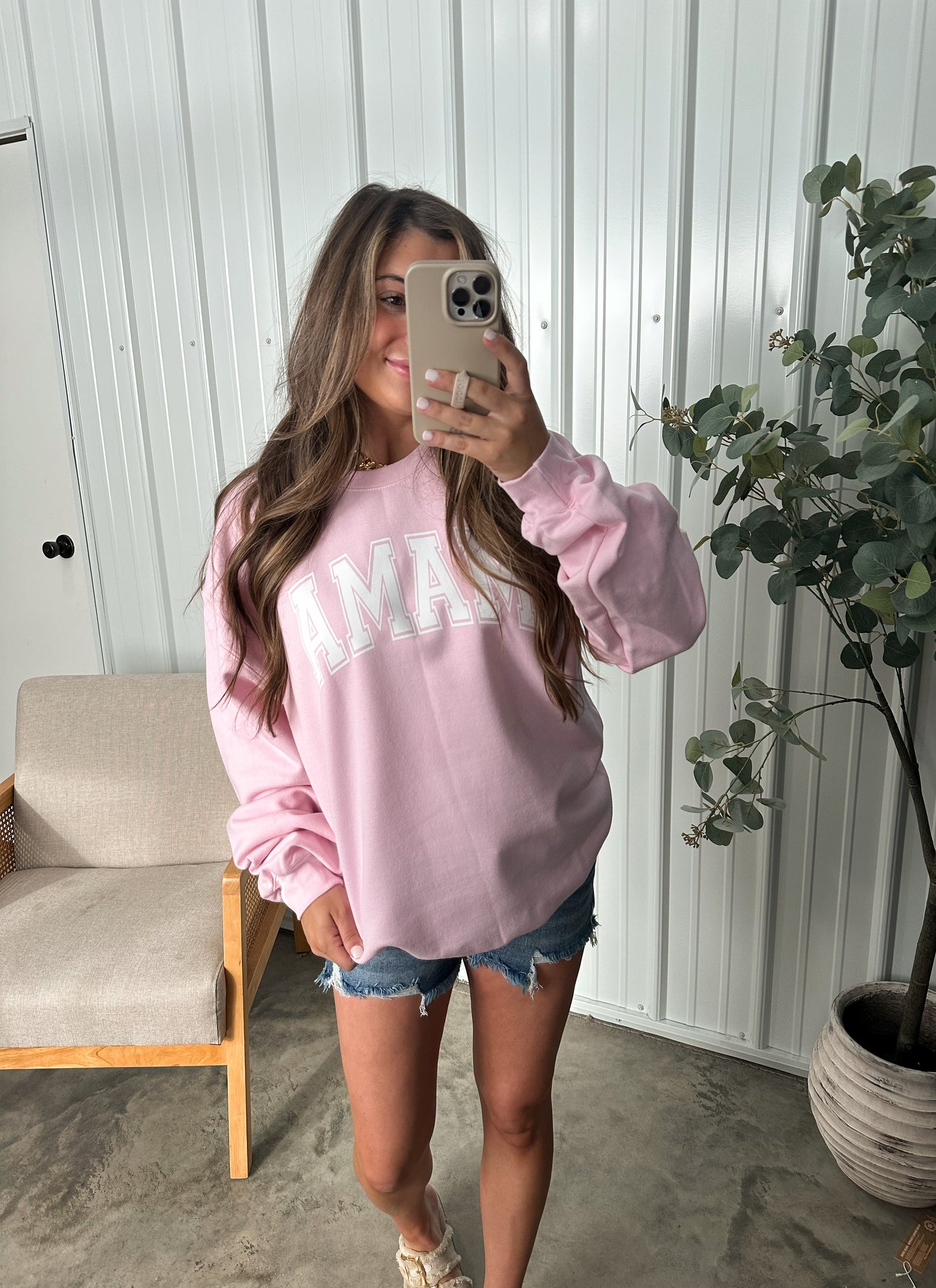 "MAMA" Varsity Print Crew- baby pink