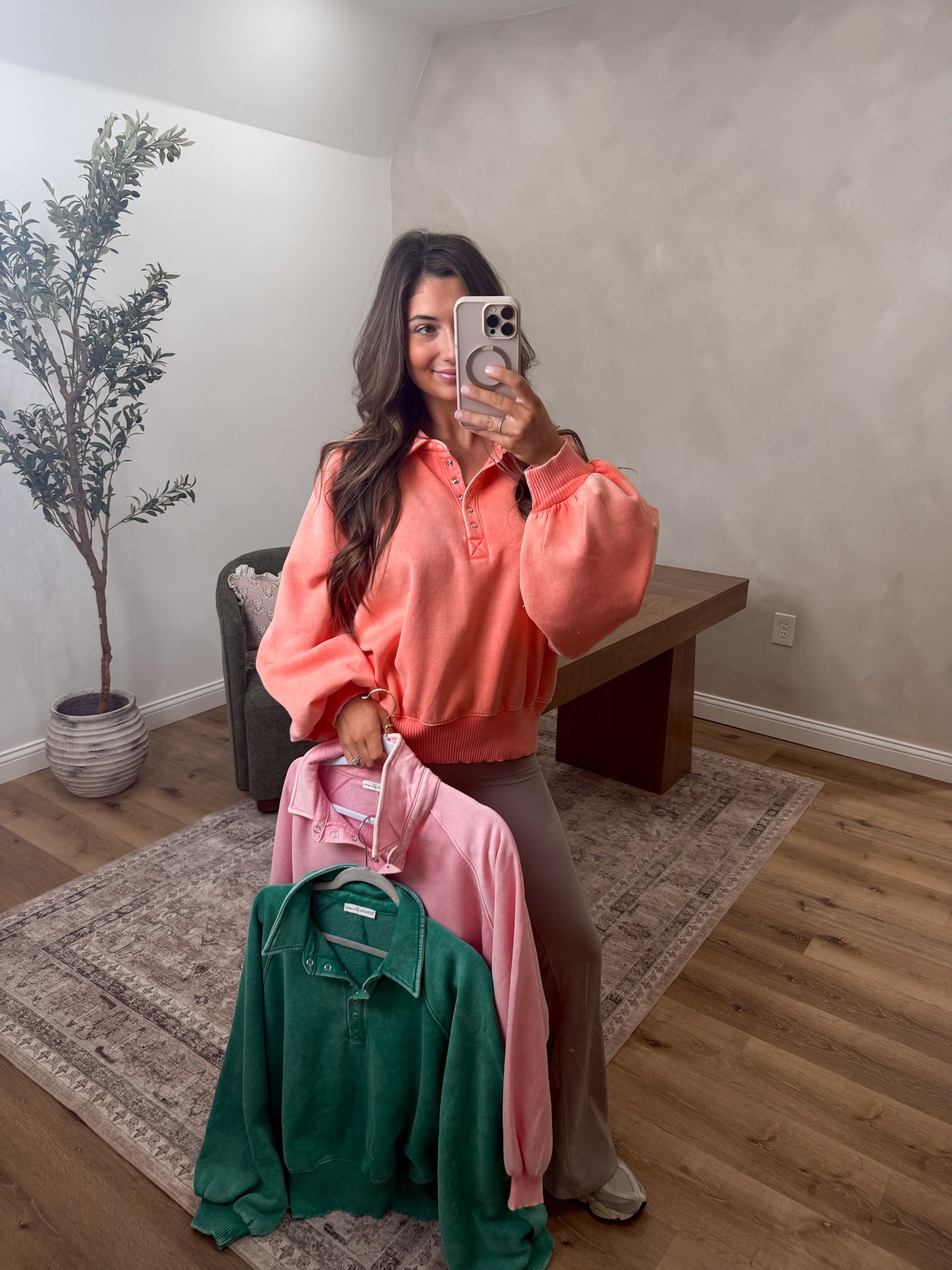 Megan Button Up Pullover - Coral