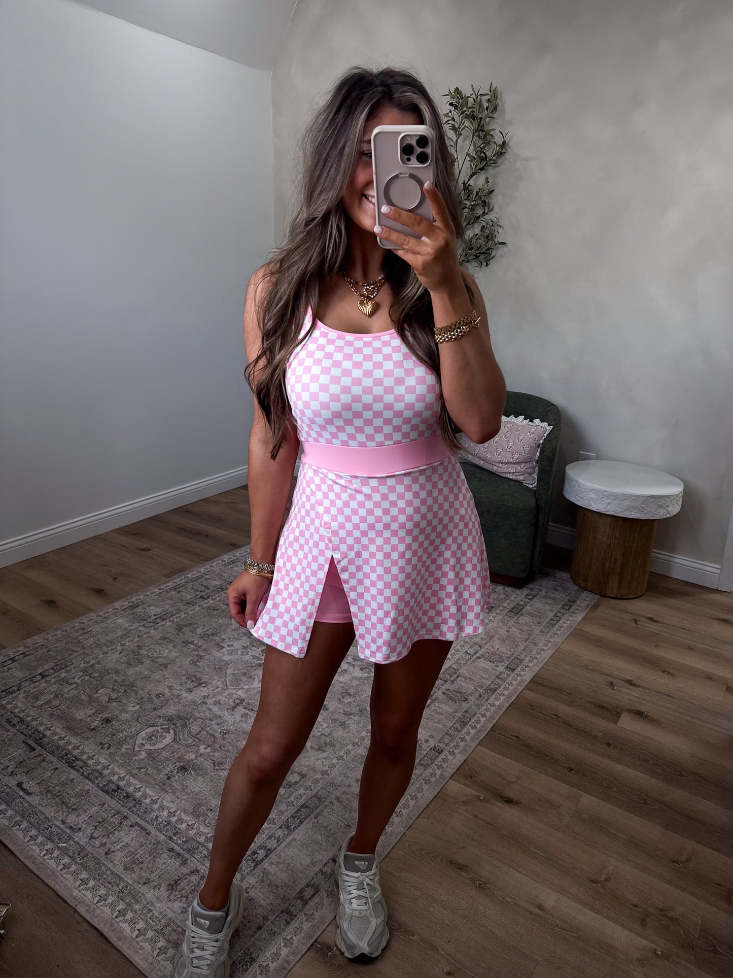 Sculpt Society Gingham Active Romper Dress - pink/white