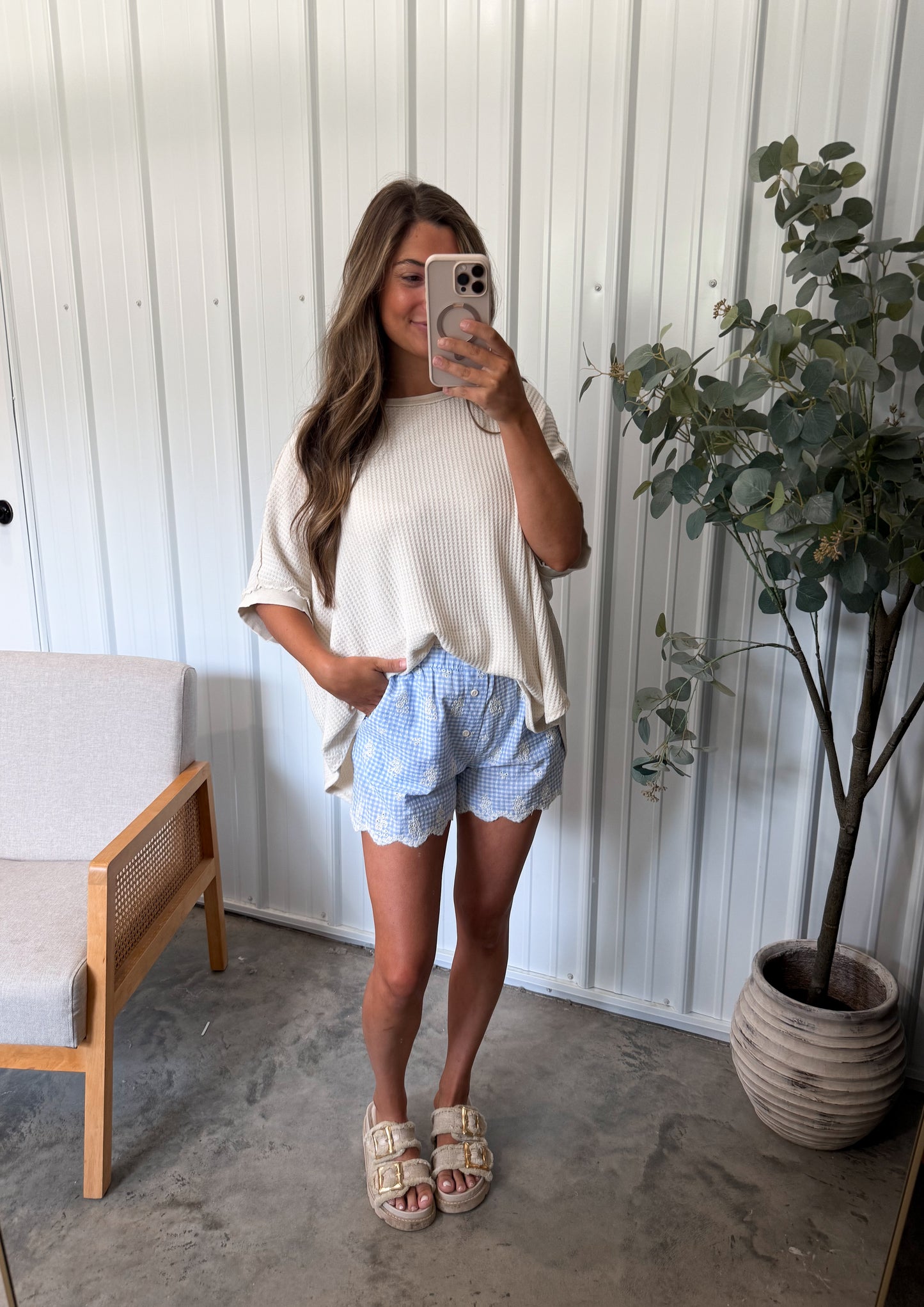 Embroidered Gingham Shorts - Blue