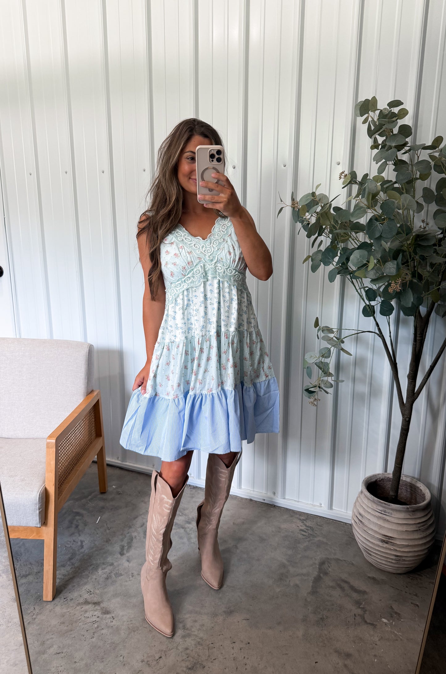 Lauryn Lace Trimmed Dress- Light Blue Combo