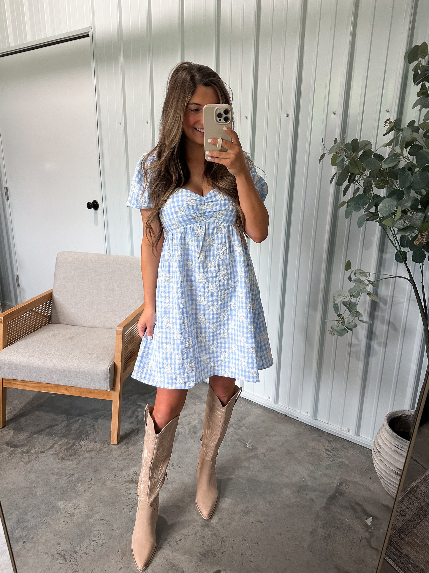 Embroidered Sweetheart Gingham Mini Dress