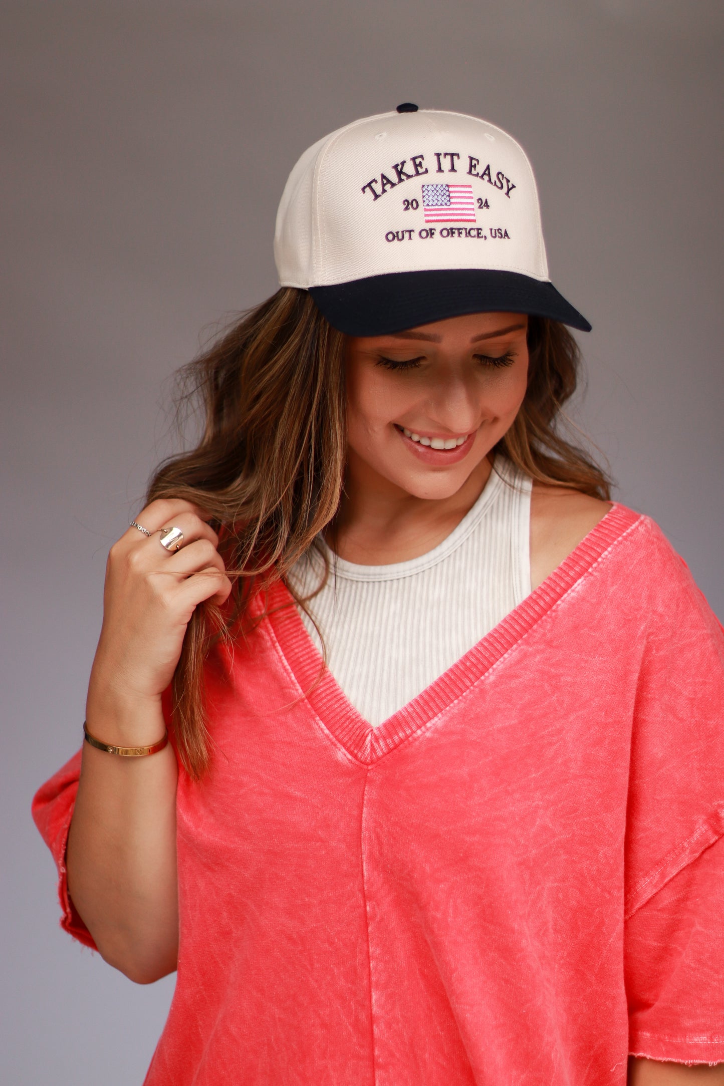 Take it Easy Vintage Snap Back Hats- Navy/Red