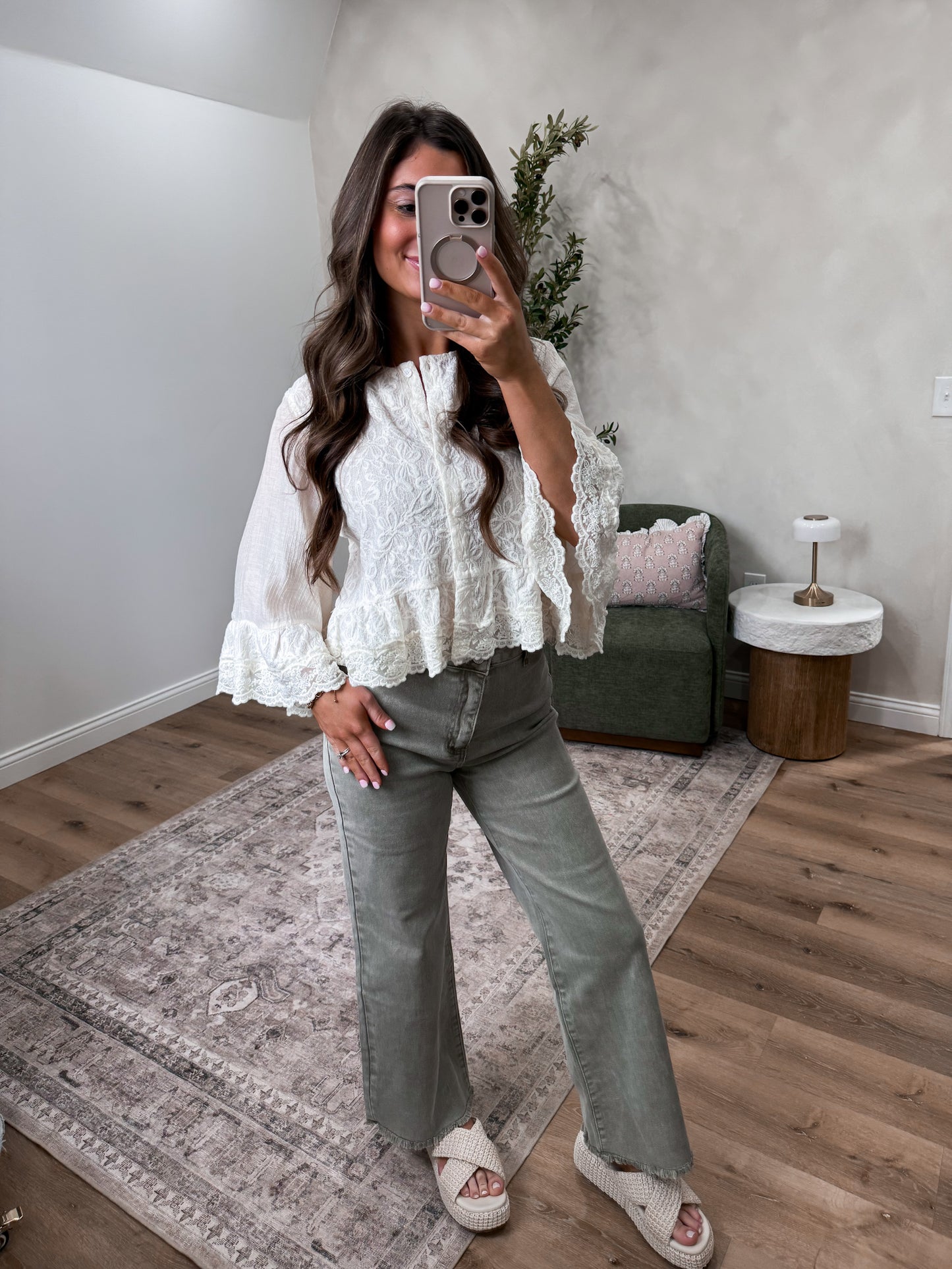 Soft Angel Lace Button Down Blouse - ivory