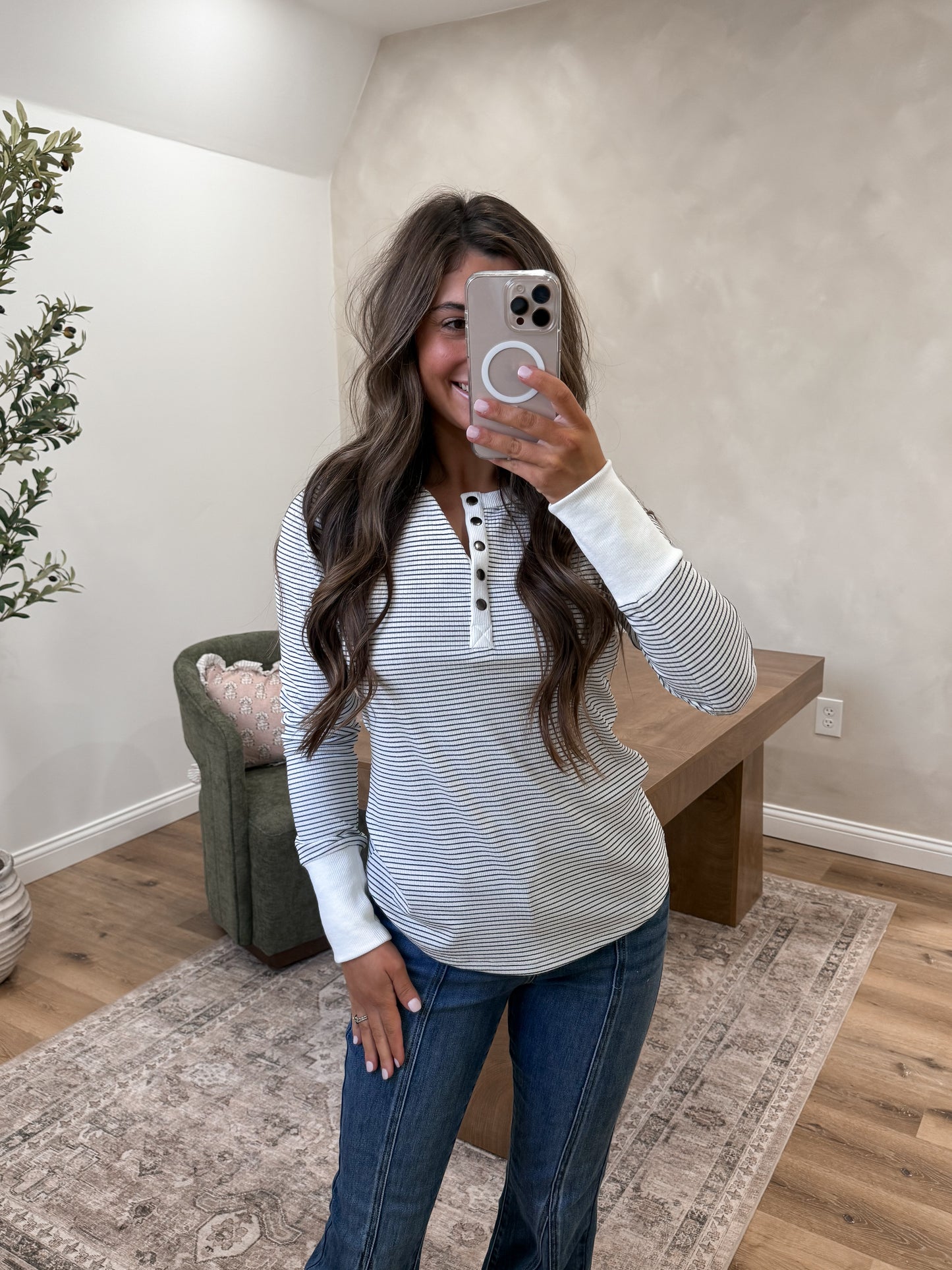 Contrast Snap Henley- White/Black Stripe