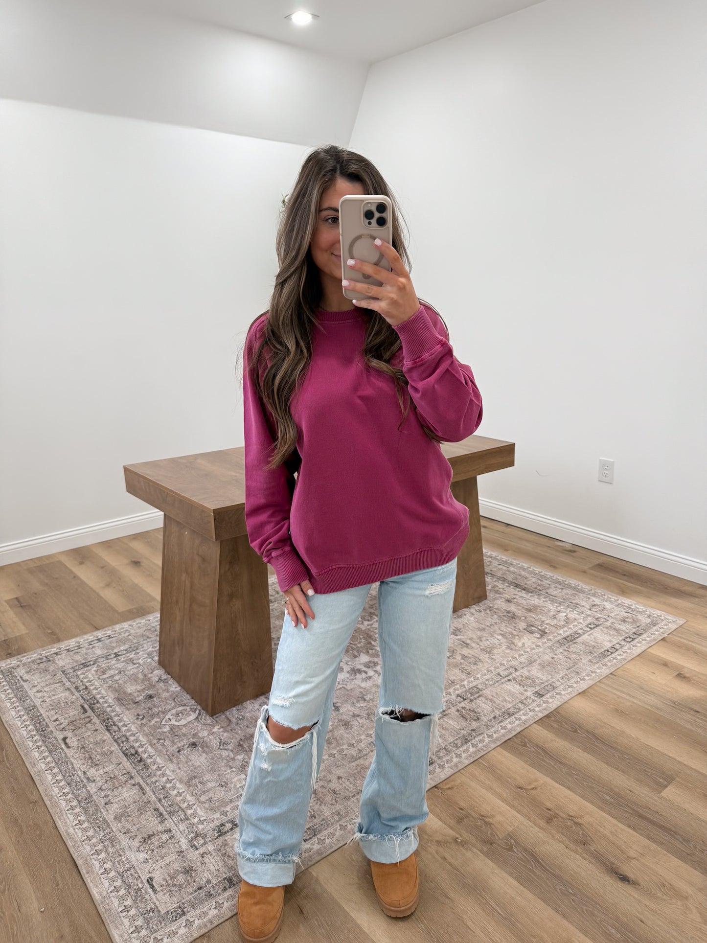 French Terry Pigment Dye Pullover- Wine