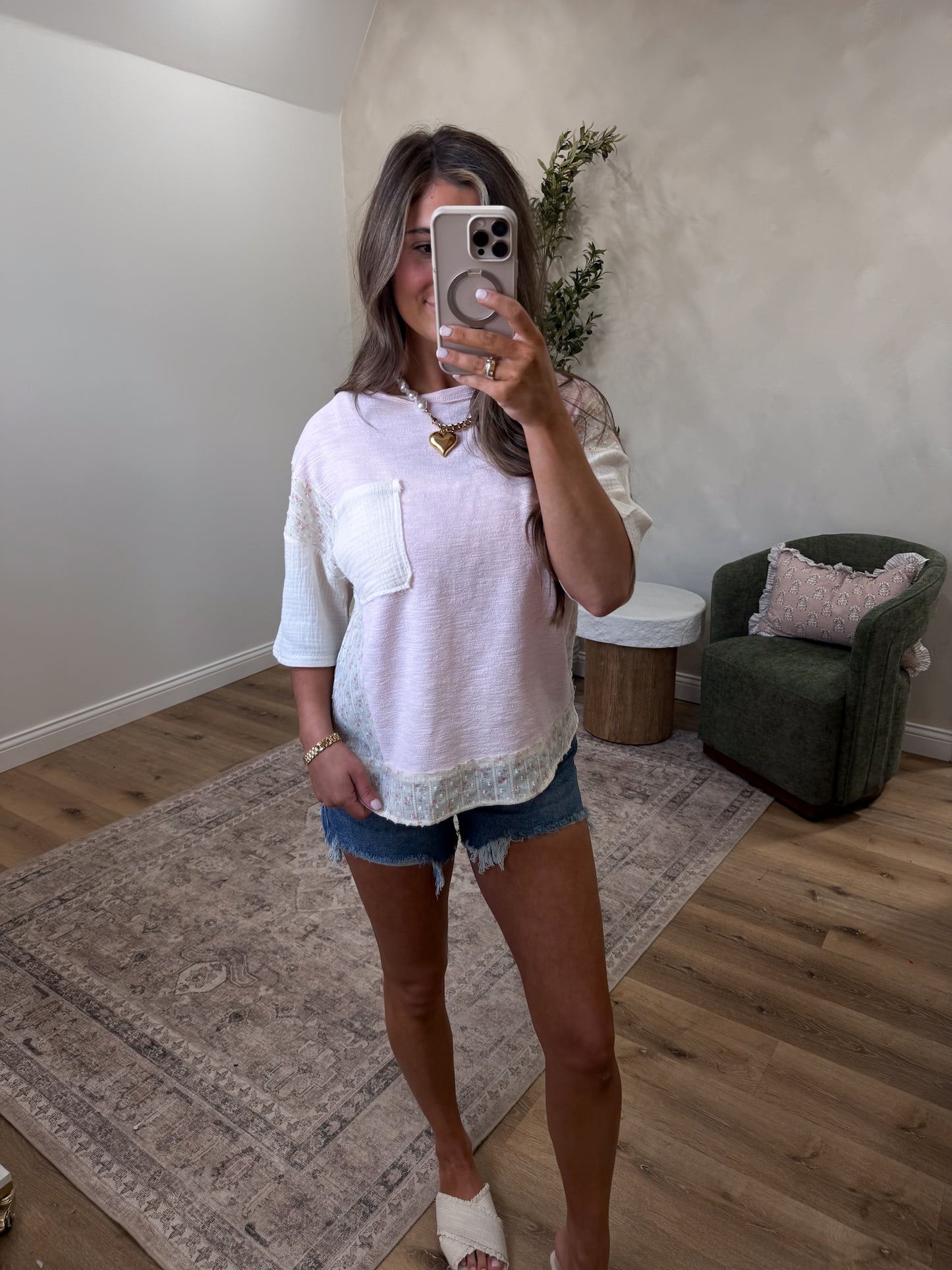 Katie Floral Trim Pocket Tee - pink