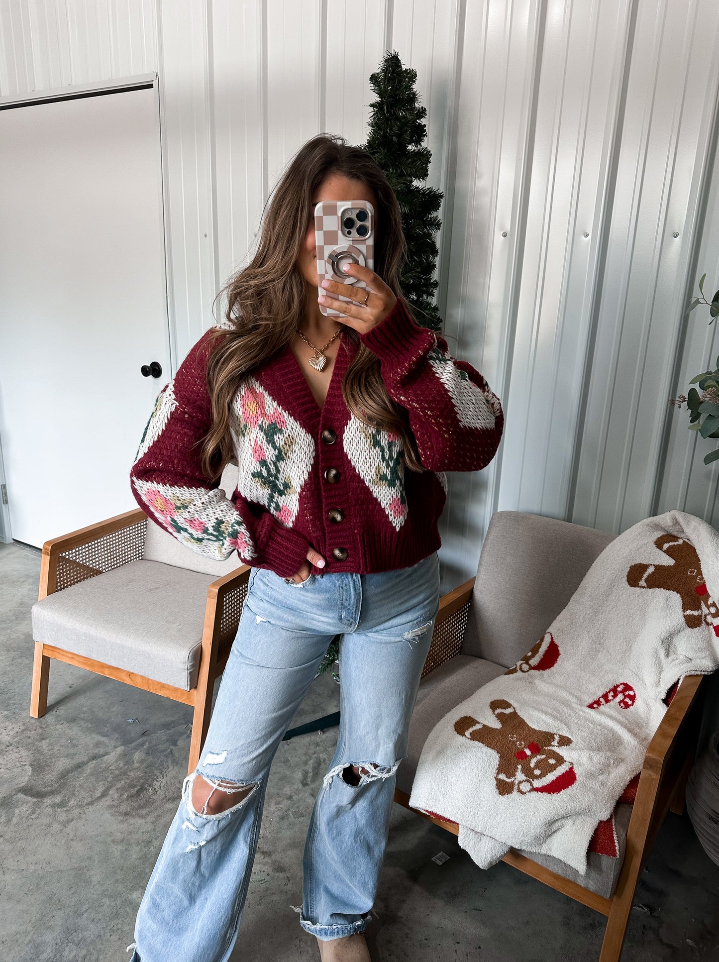 Chunky Floral Cardigan- Merlot