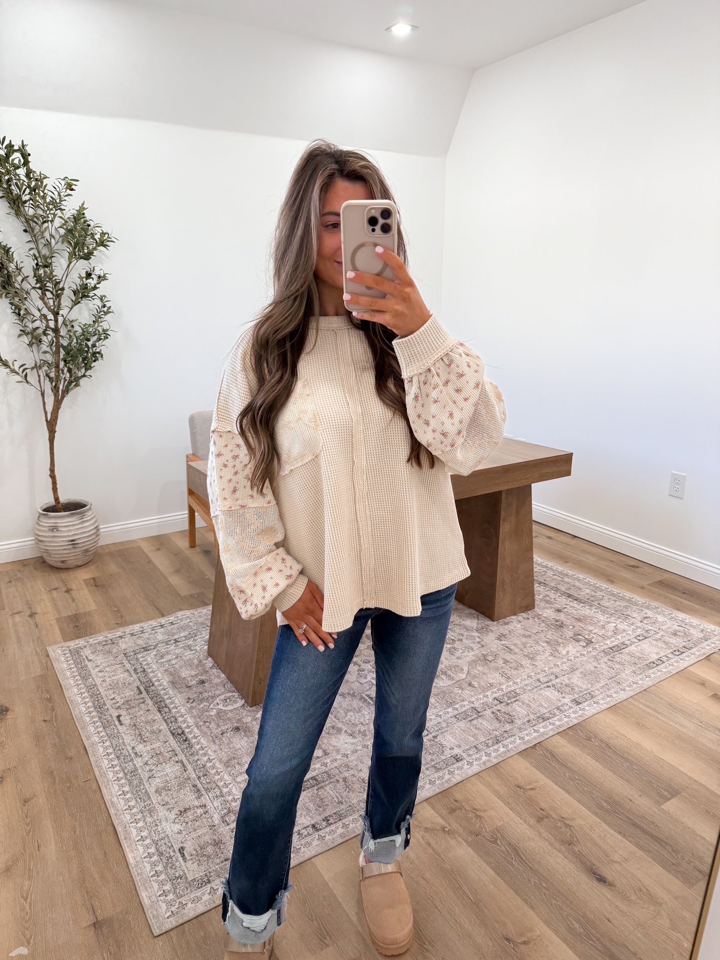 Crochet Detailed Waffle Pullover- Natural