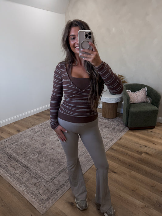 It girl Jersey Halter Neck Layered Striped Henley Top - Brown