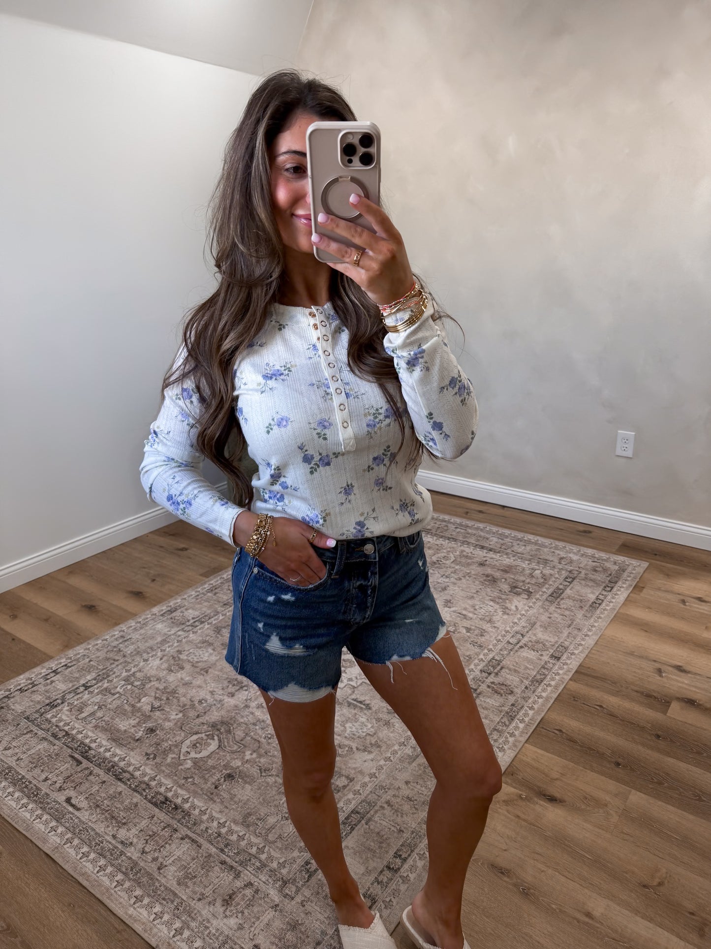 Soft Blooms Floral Henley Top - cornflower