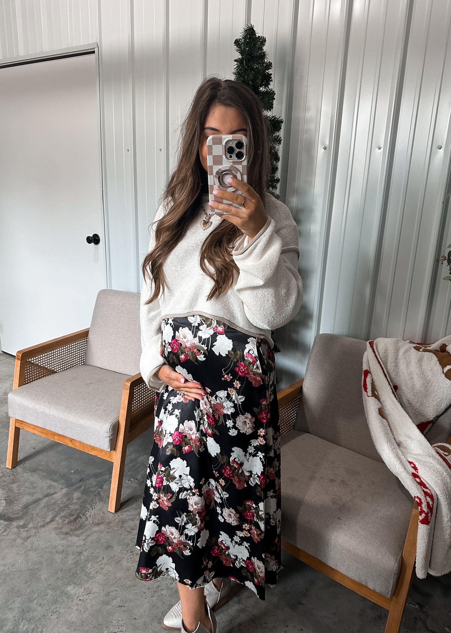 Noel Floral Print Satin Midi Skirt