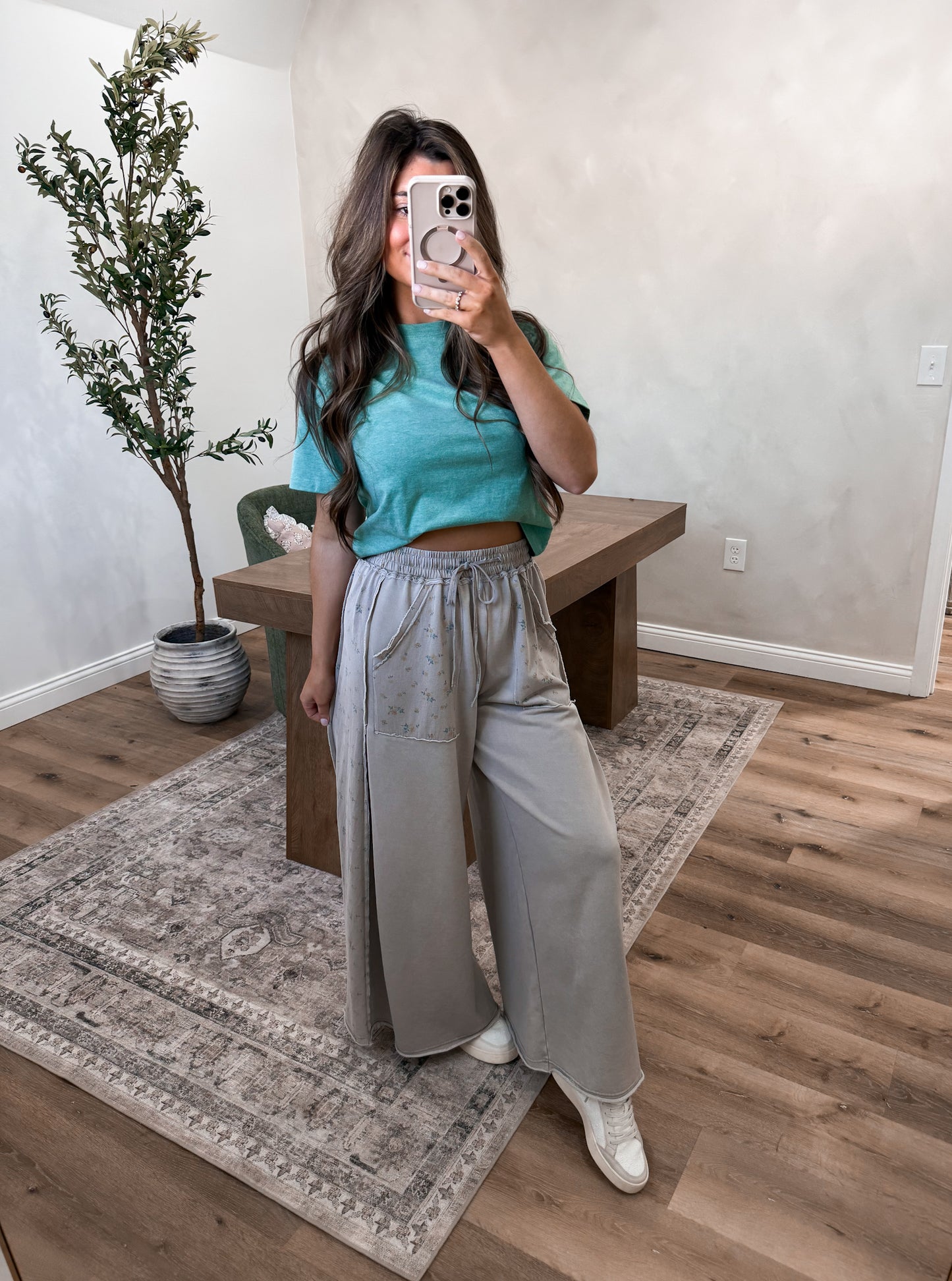 Hint of Floral wide leg Pant - Sage Grey
