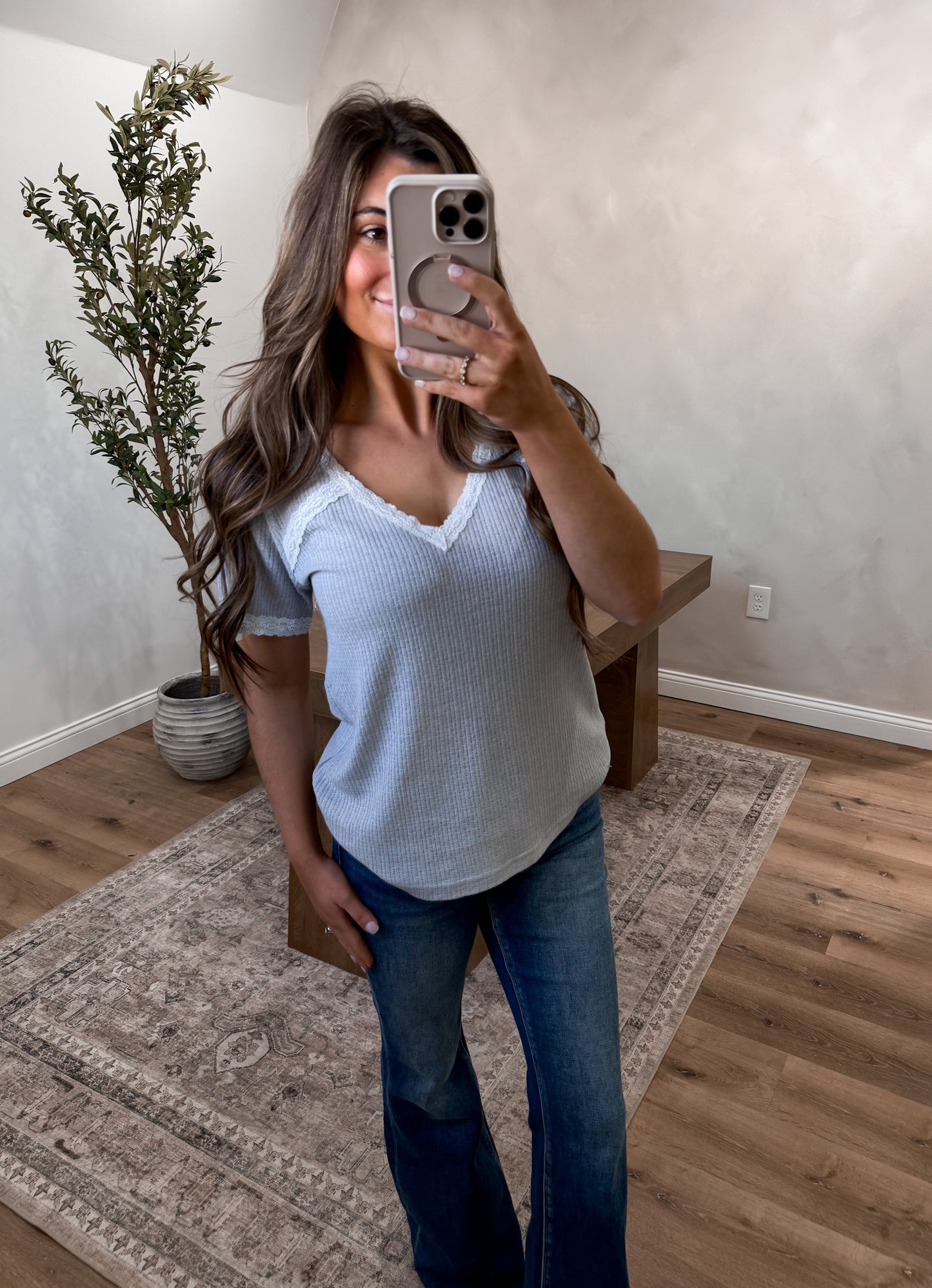 The Clara V-Neck Lace Knit Top - dove grey