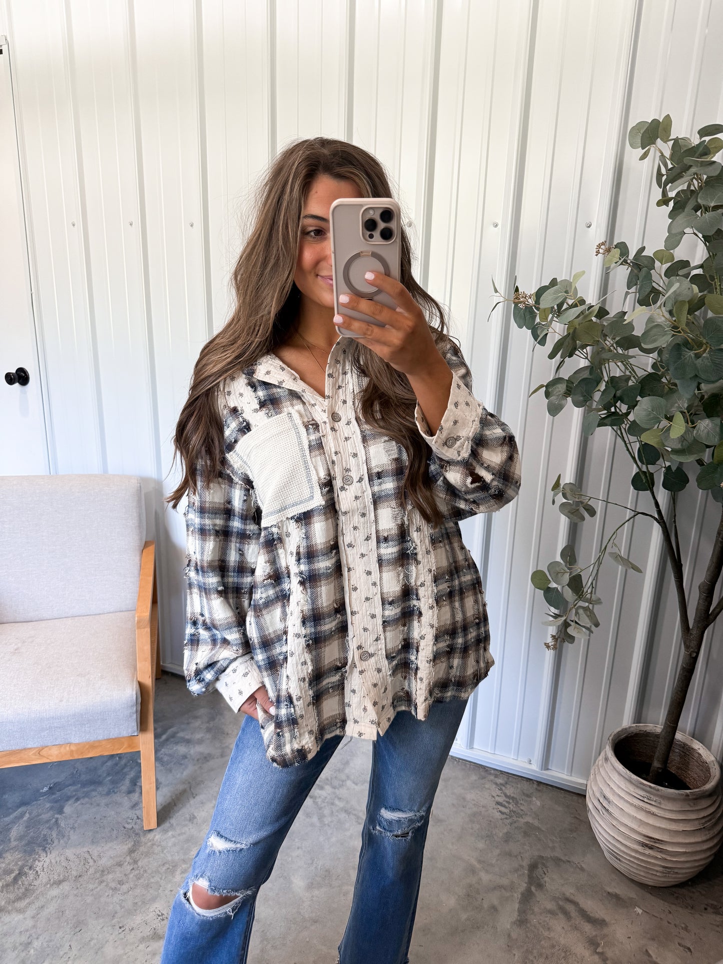 Mixed Media Flannel-navy/brown