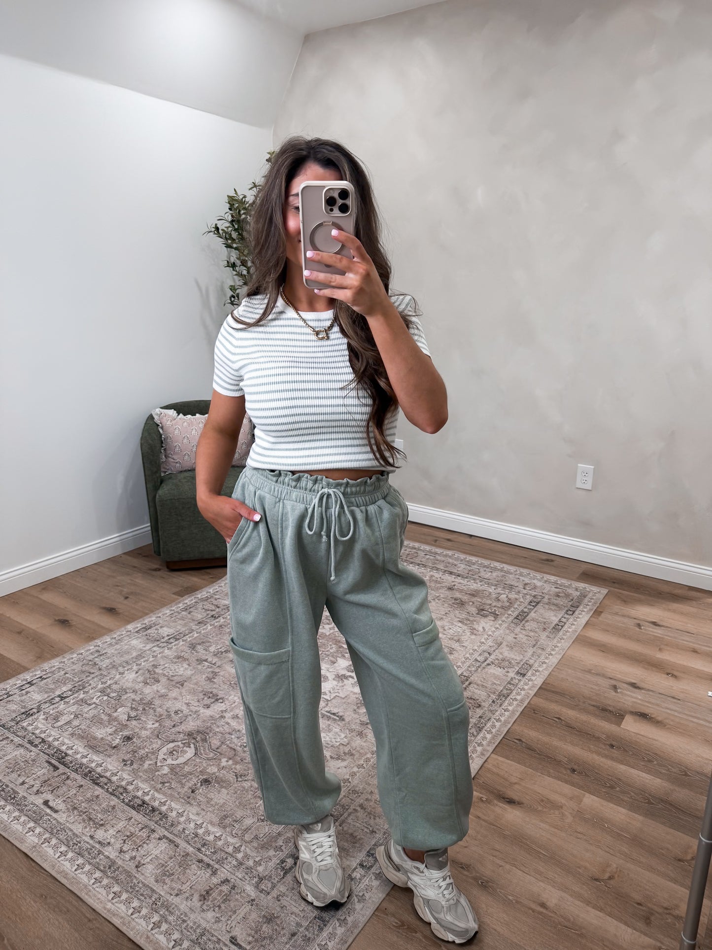 The Eva Striped Ribbed Tee - sage green