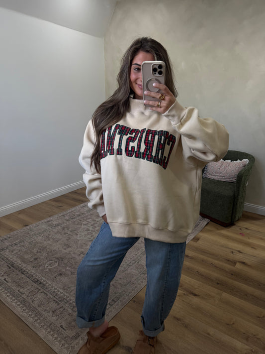CHRISTMAS Plaid Mock Neck Pullover - oatmeal