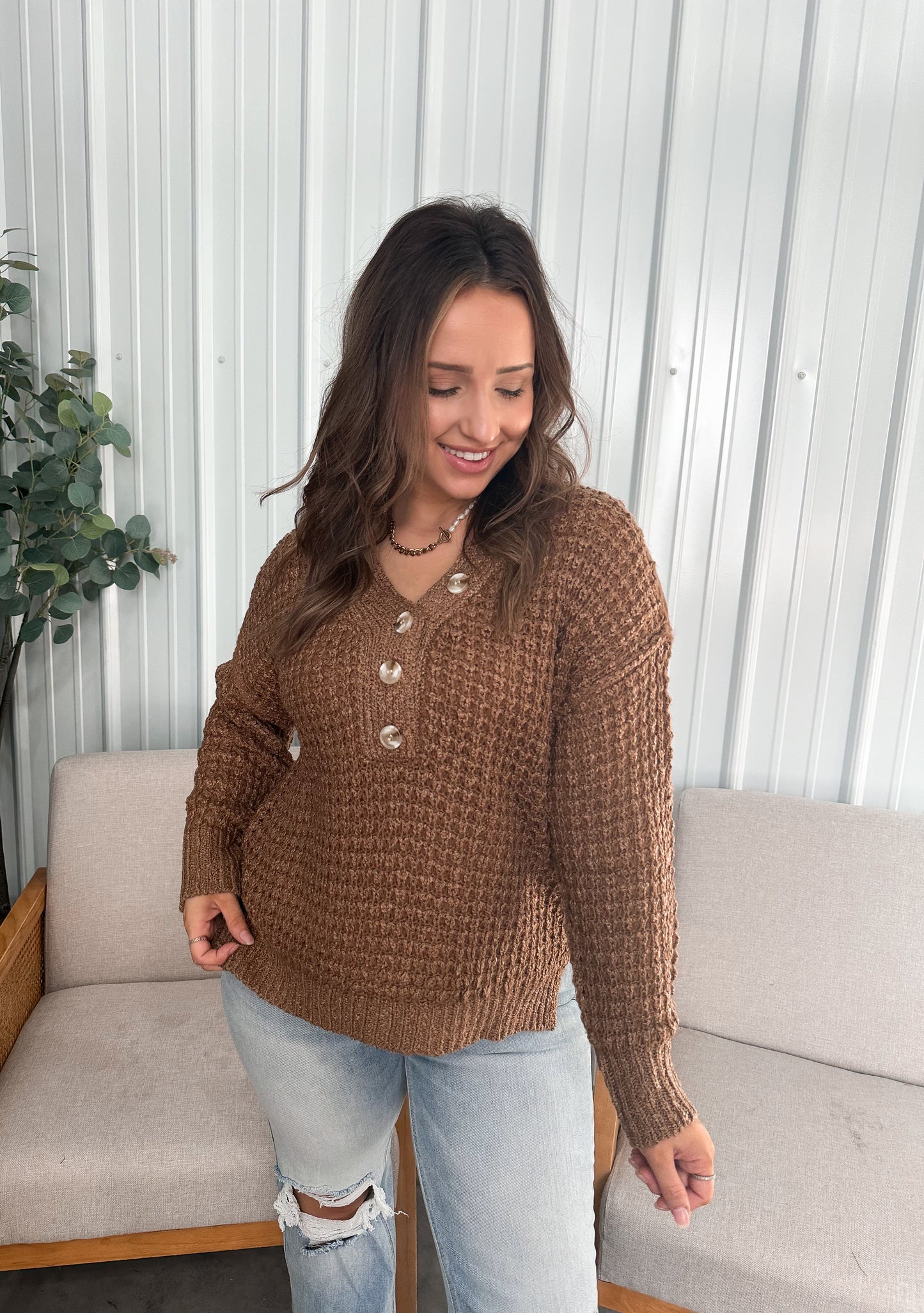 Victoria Knit Henley Sweater - Mocha