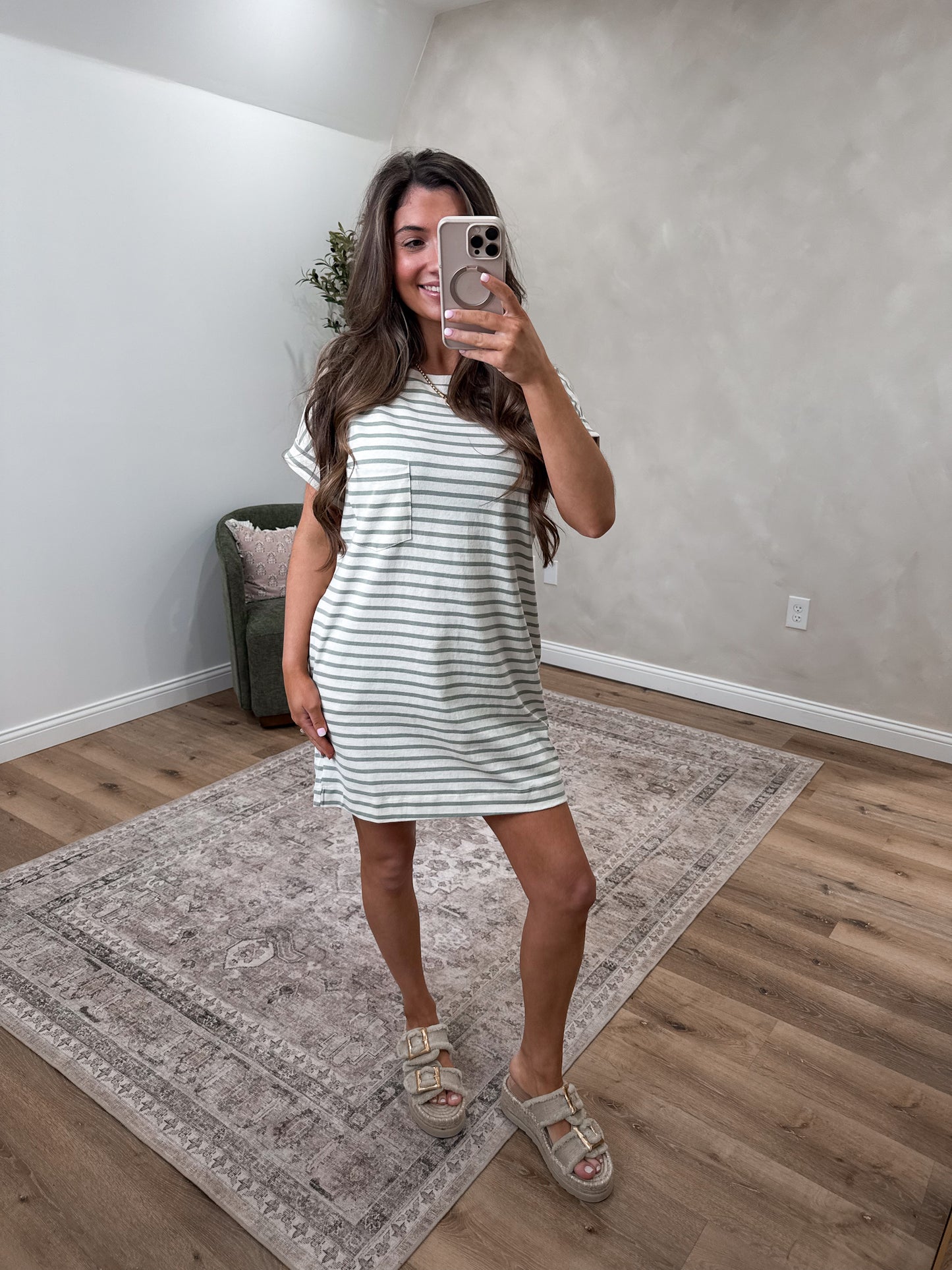 Everyday Striped Tshirt Dress - sage