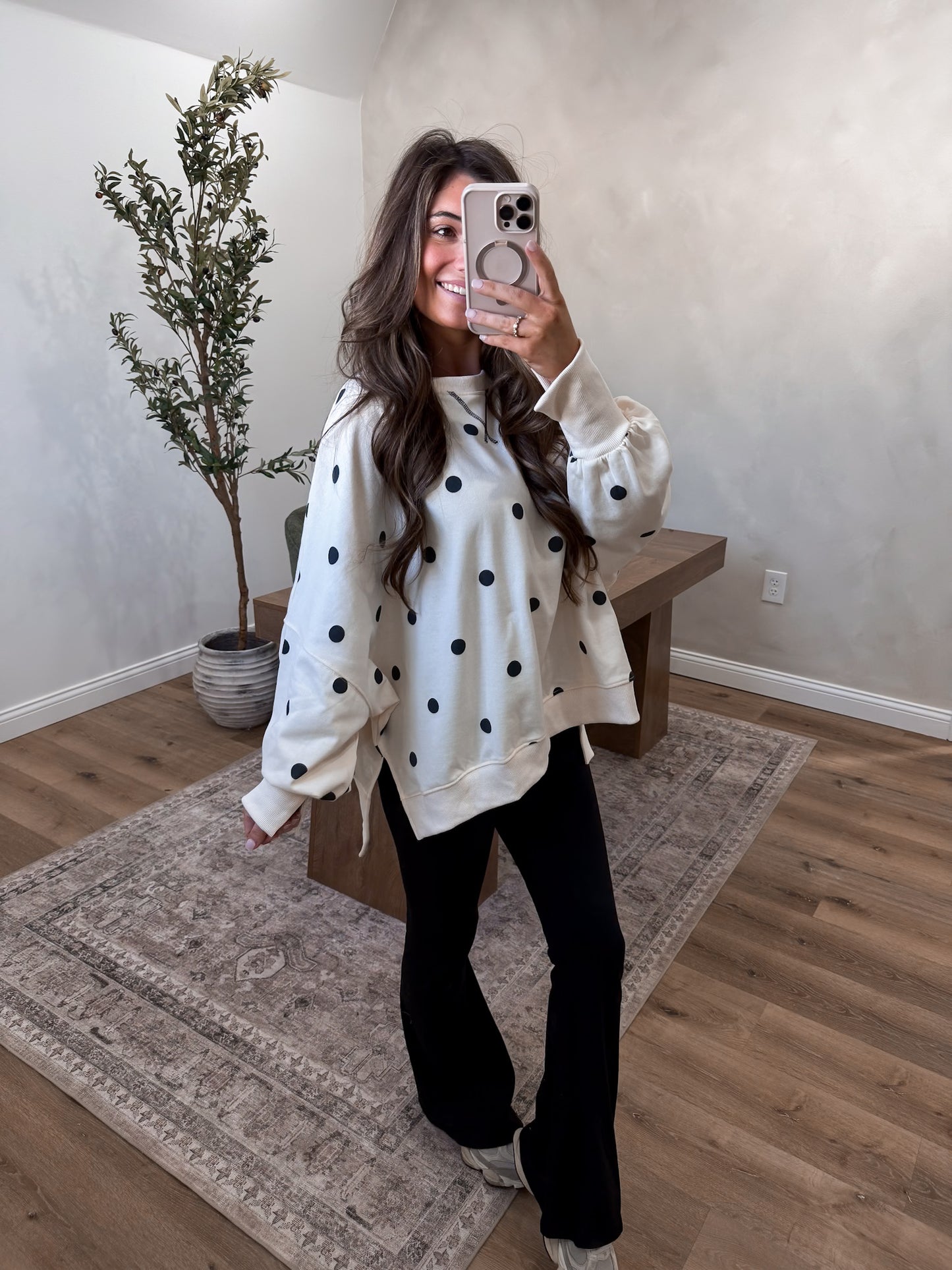 Polka Dot French Terry Oversized Pullover - ivory/black