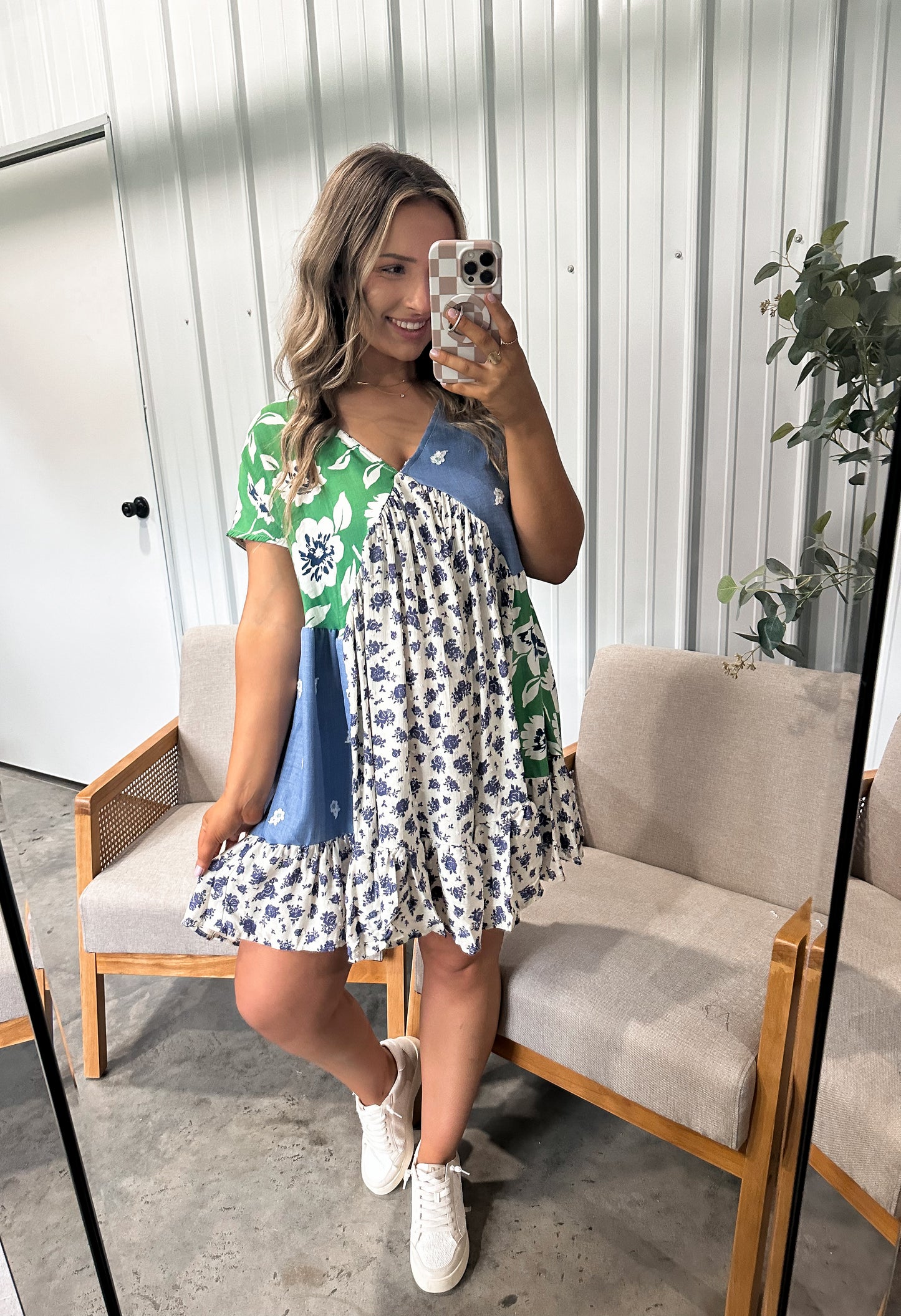Ralee Patchwork Babydoll Dress- Denim/Green **LIGHTLY LOVED**