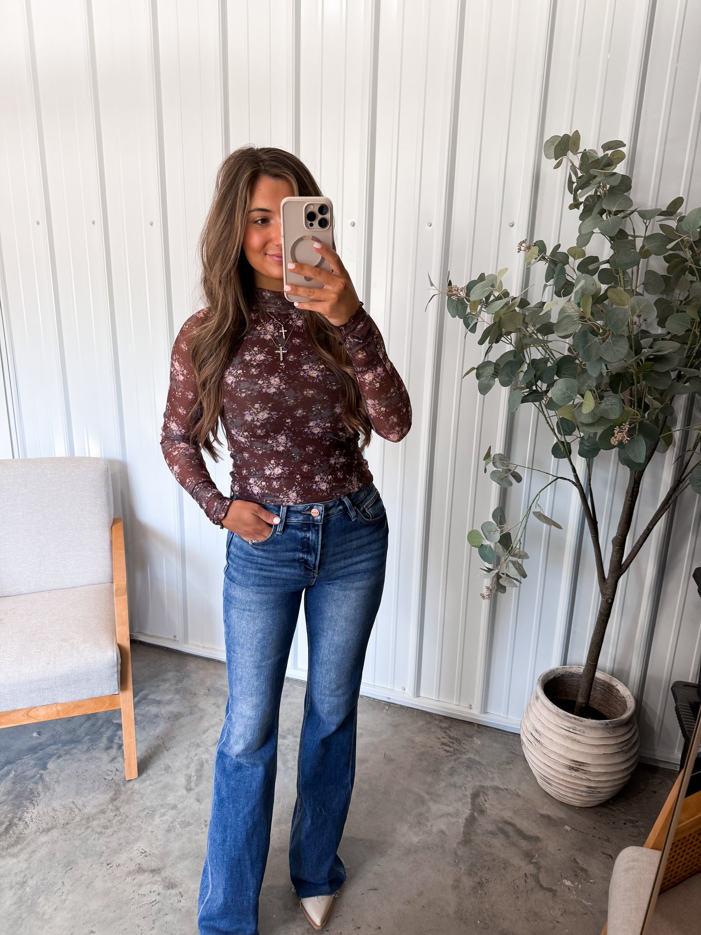 Tiffany Floral Mesh Top - Chocolate