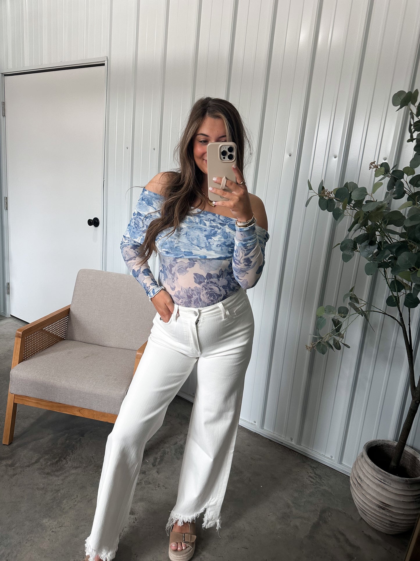 Blue Floral Off-Shoulder Bodysuit