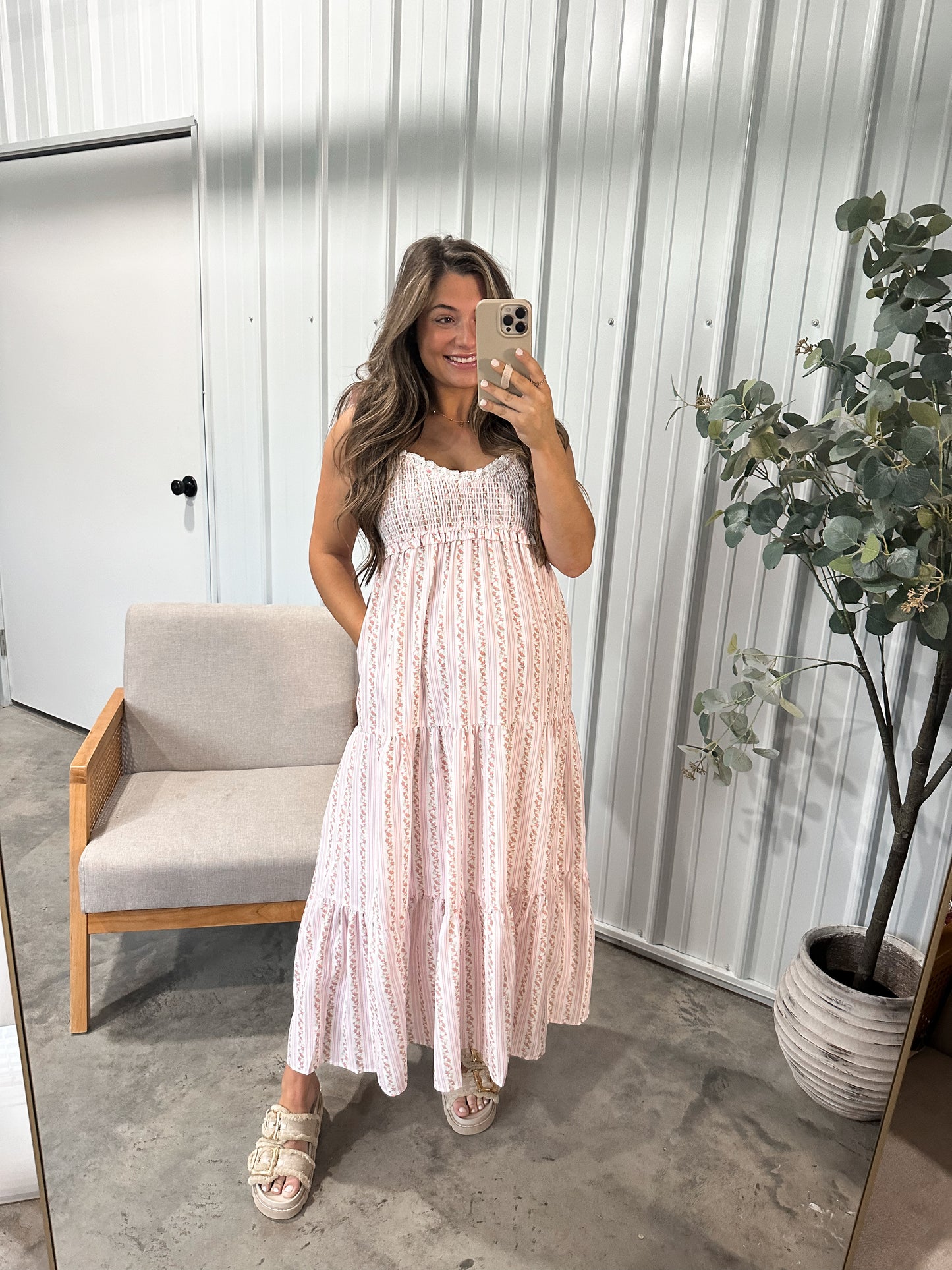 Striped Fancy Floral Maxi Dress- Pink