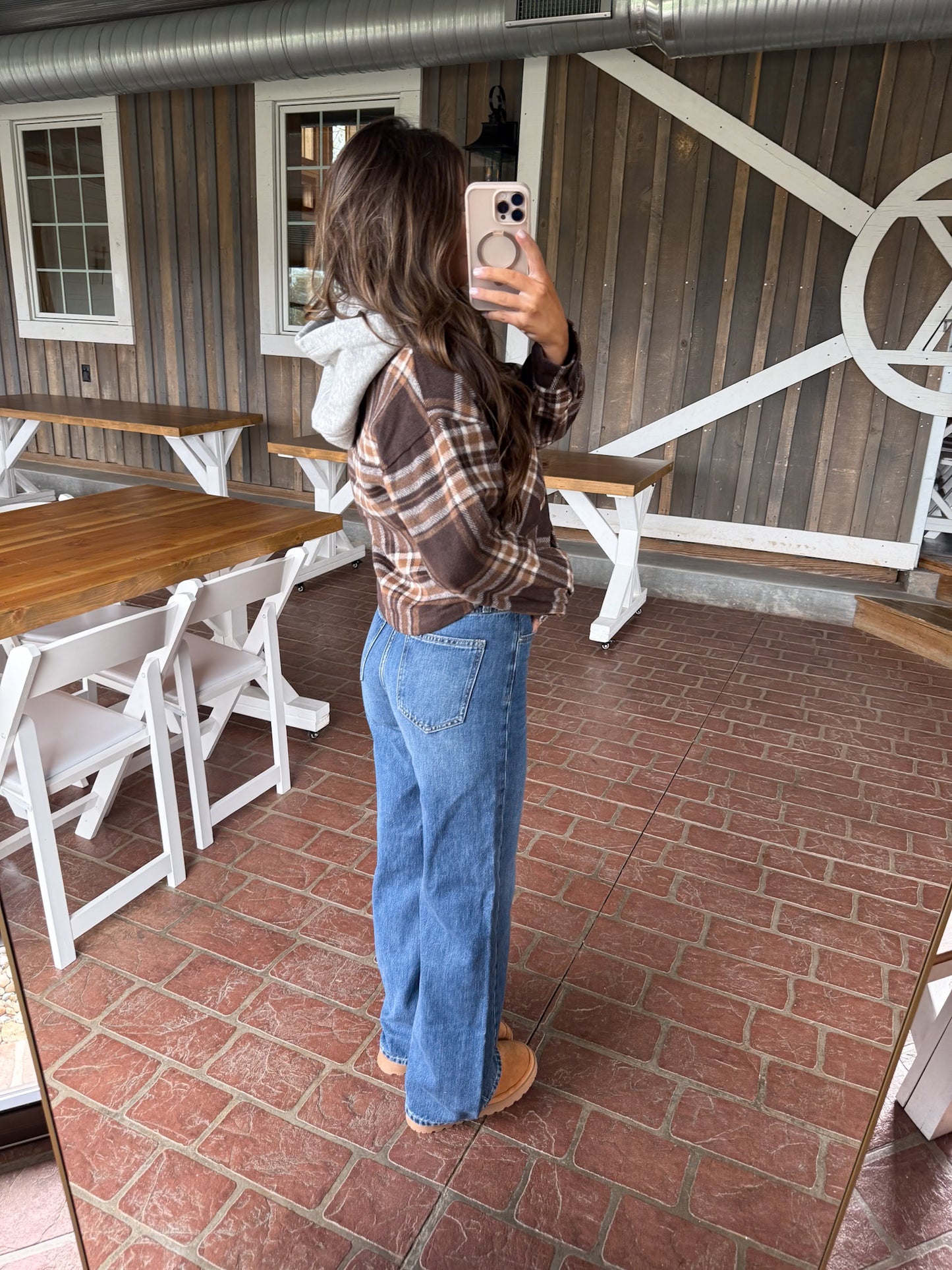 Cropped Plaid Shacket With Detachable Hood- Brown