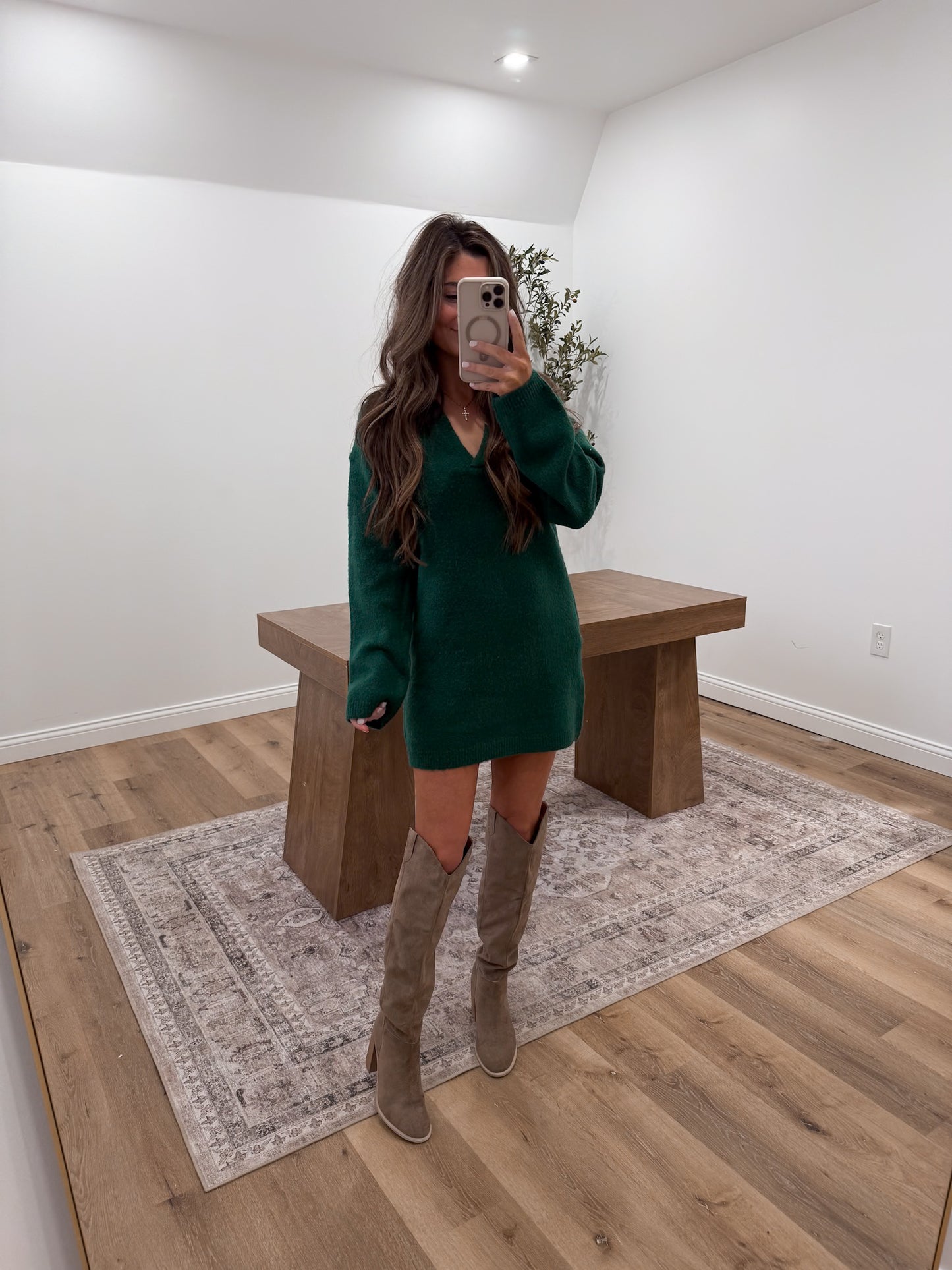 Polo Long Sleeve Sweater Dress- Dark Green