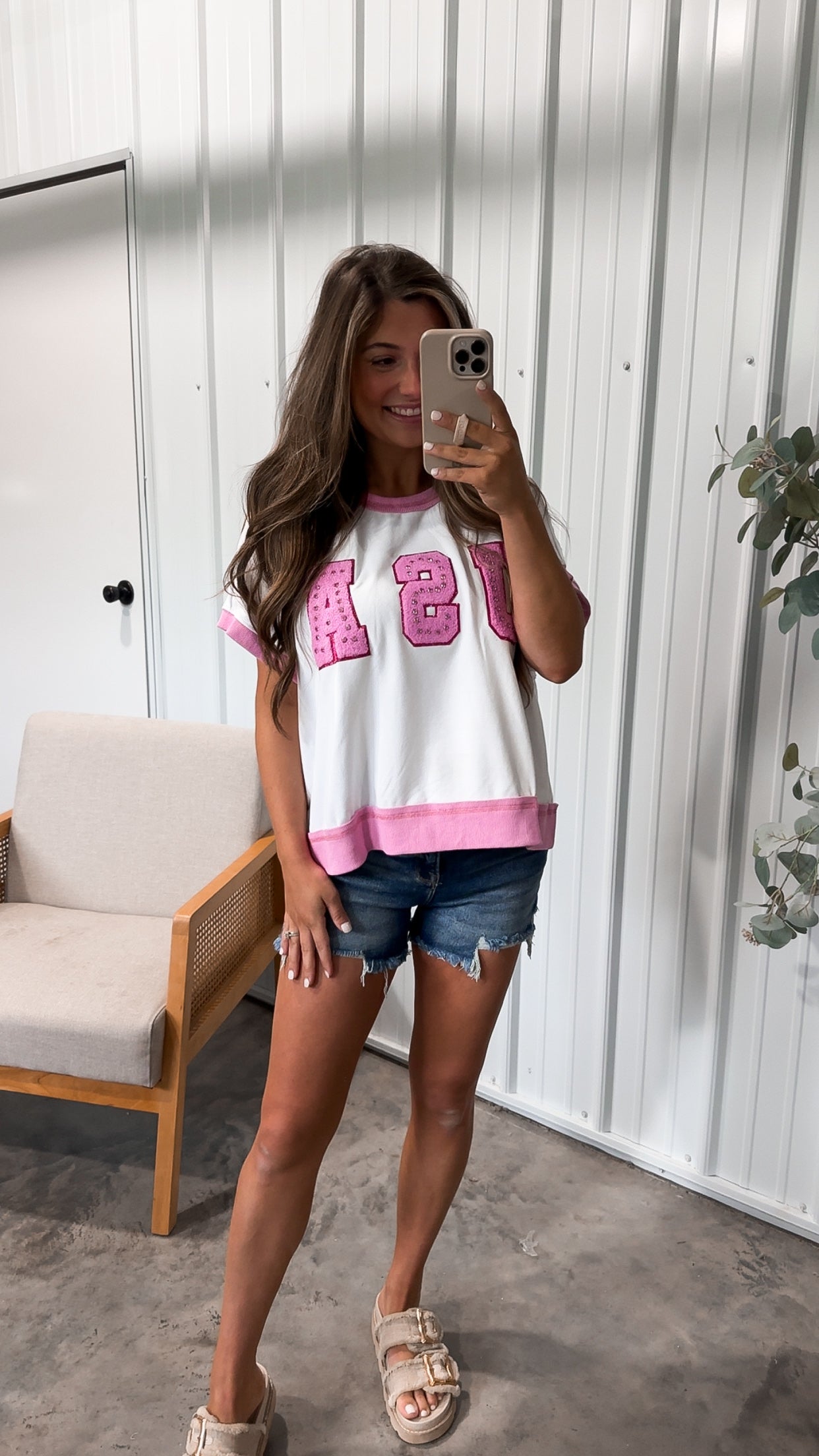 USA Varsity Patch Tee- White/PInk