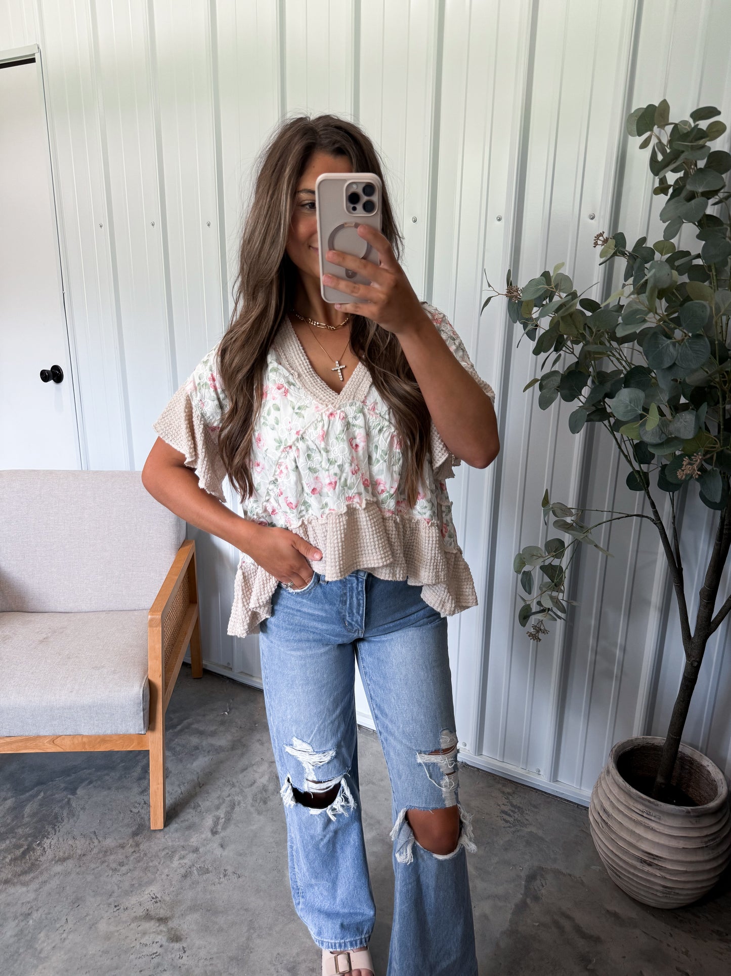 Adrina Woven Ruffle Tee- almond