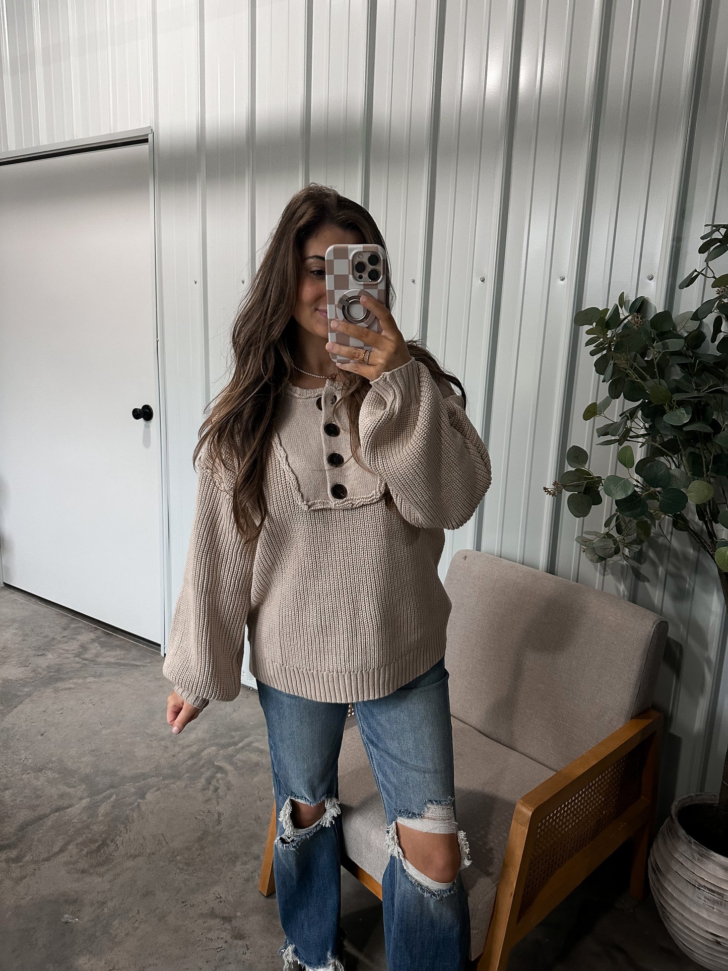 Henry Neck Ribbed Sweater- Oatmeal