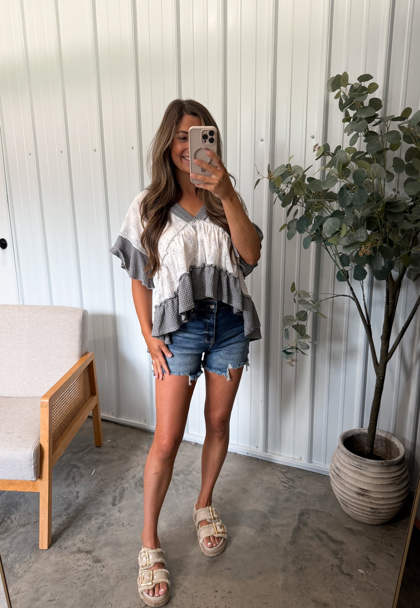Adrina Woven Ruffle Tee- charcoal