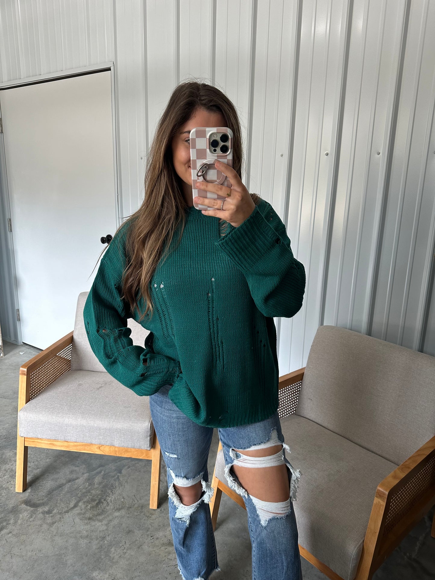 Noah Distressed Sweater - Hunter Green